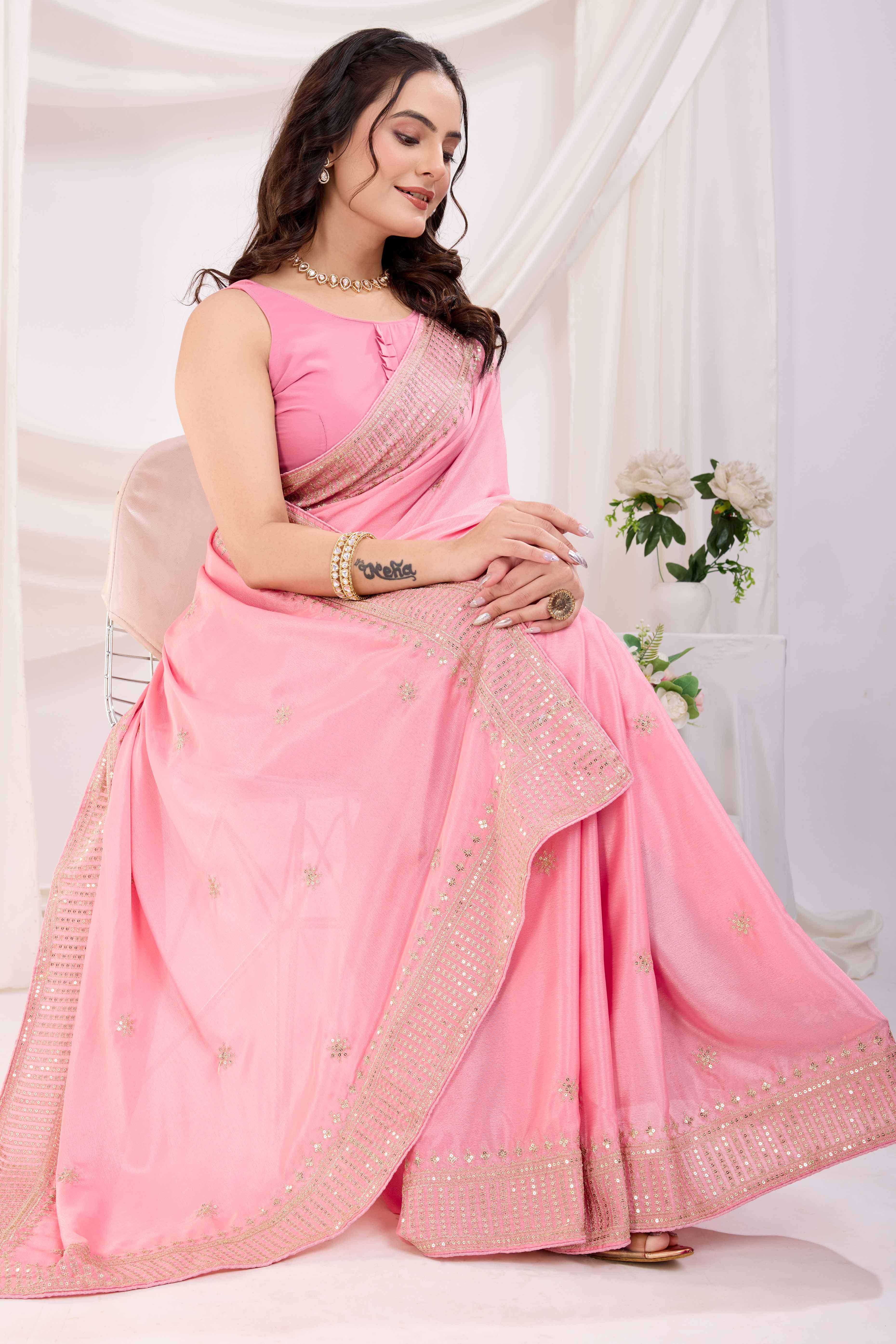 Pink Saree In Chinon Silk Featuring Delicate Floral Embroidery & Sparkling Sequins