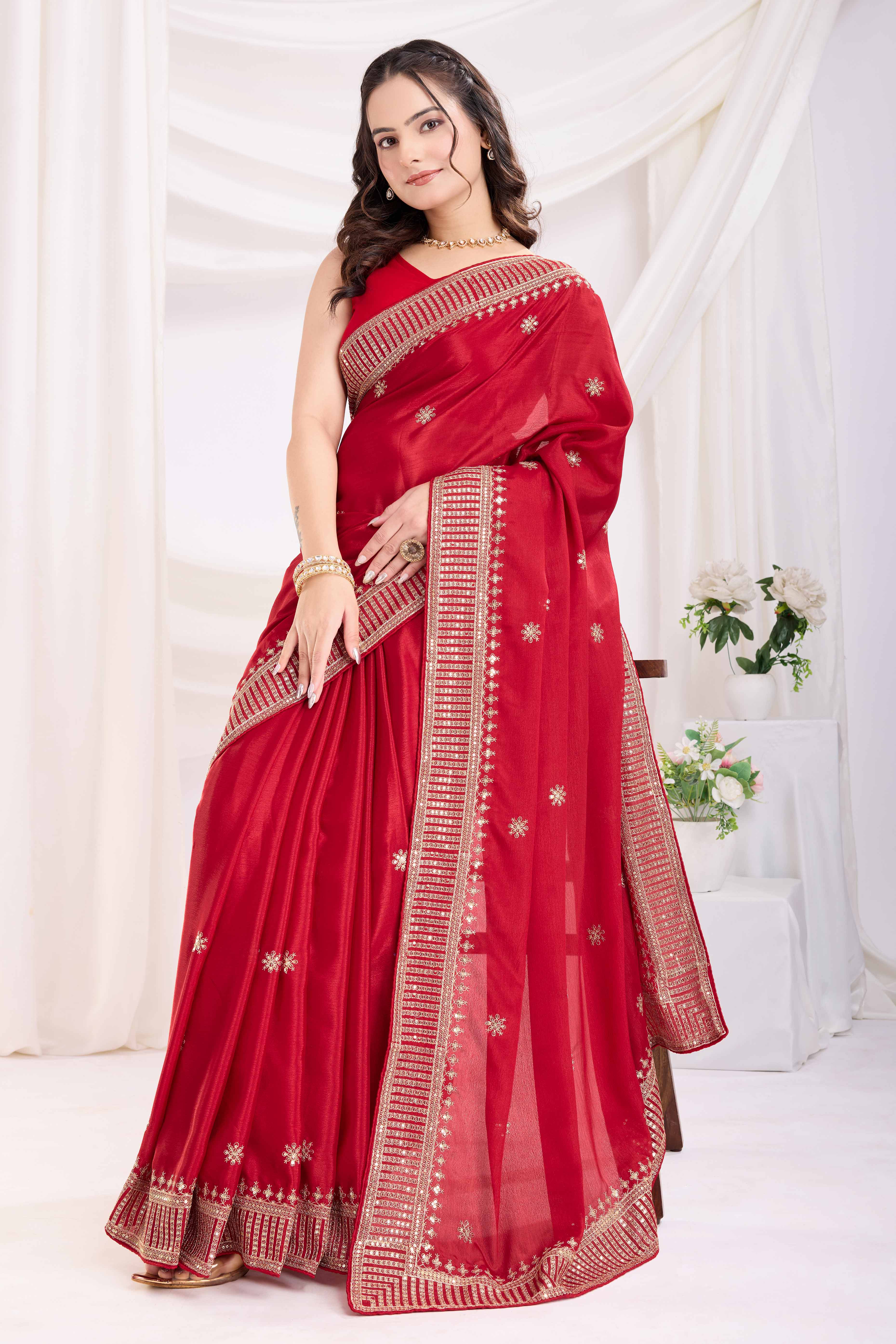 Red Saree In Chinon Silk Featuring Delicate Floral Embroidery & Sparkling Sequins