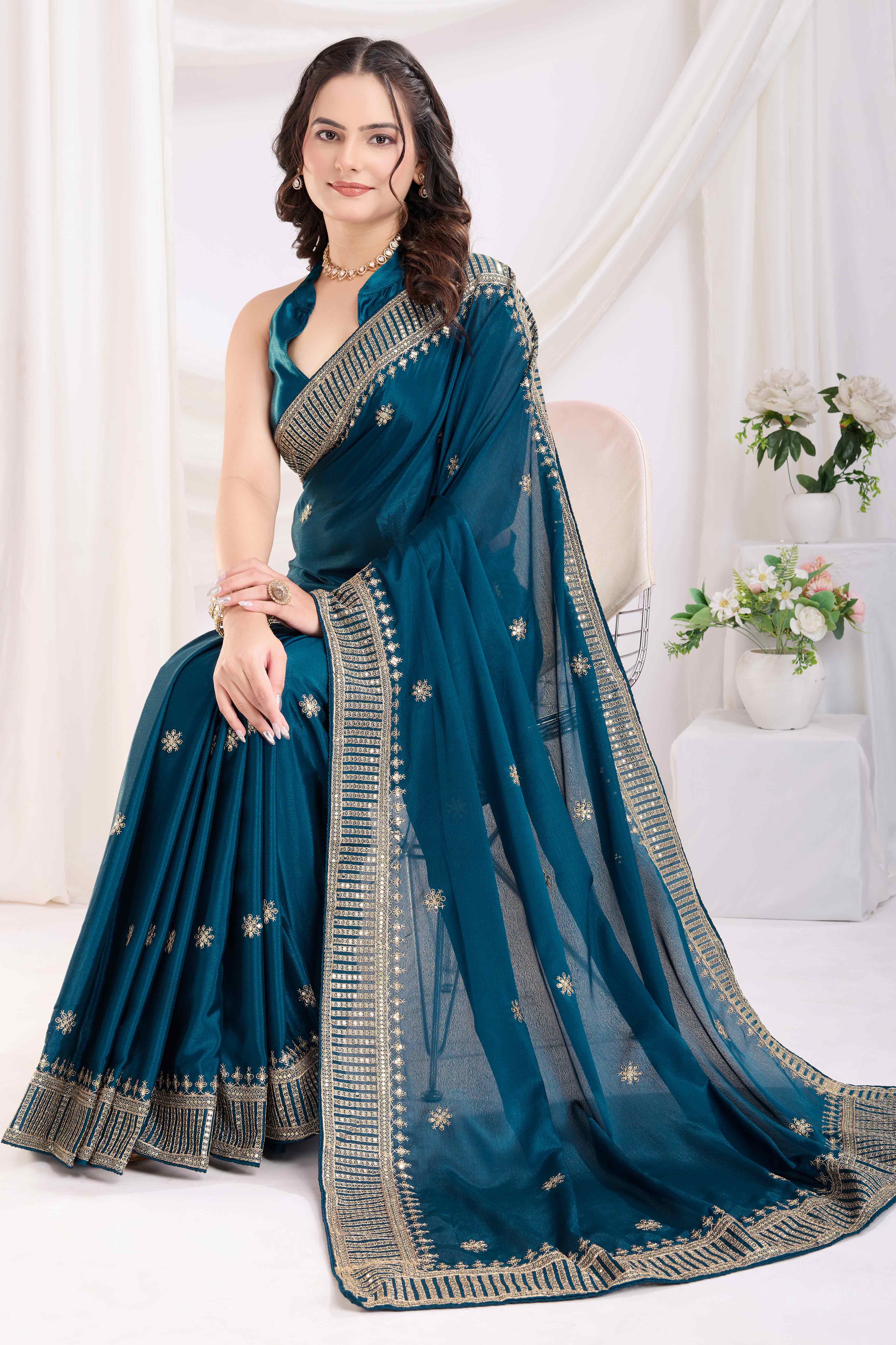 Teal Saree In Chinon Silk Featuring Delicate Floral Embroidery & Sparkling Sequins