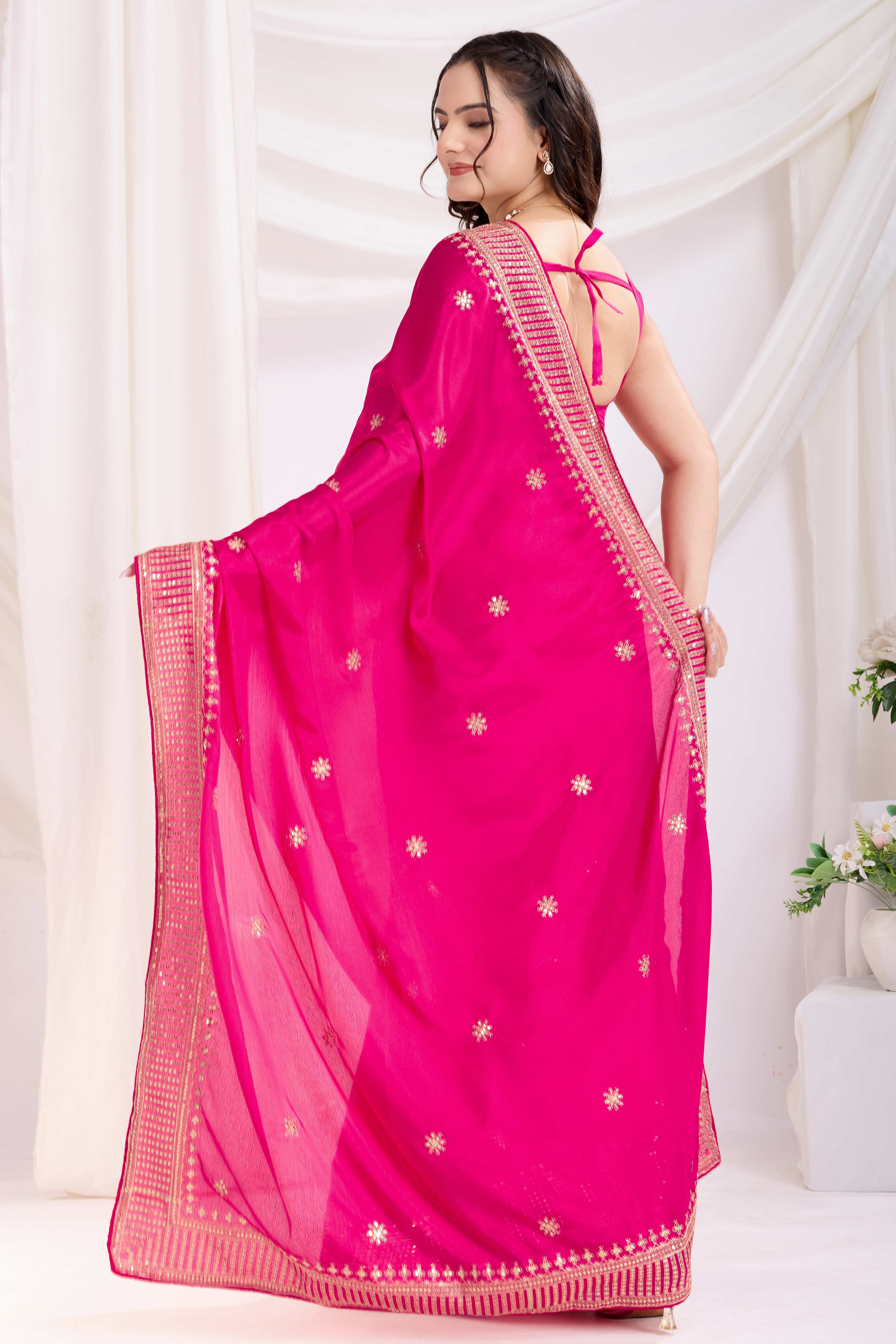 Rani Pink Saree In Chinon Silk Featuring Delicate Floral Embroidery & Sparkling Sequins