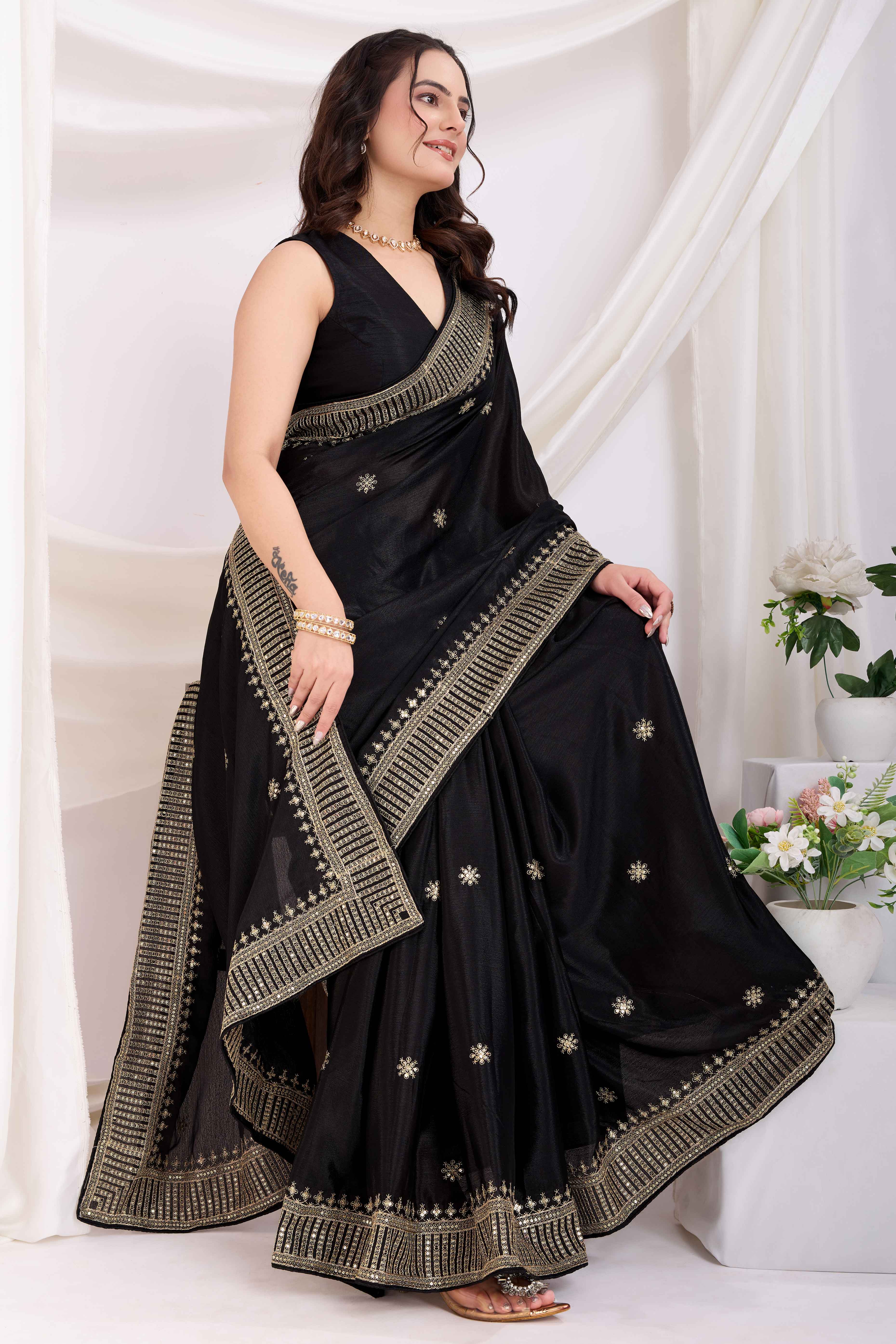 Black Saree In Chinon Silk Featuring Delicate Floral Embroidery & Sparkling Sequins