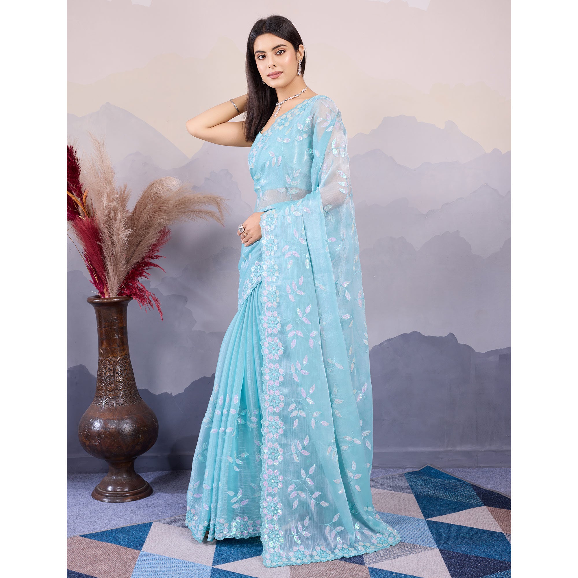 Sky Blue Sequins Embroidered Art Silk Saree