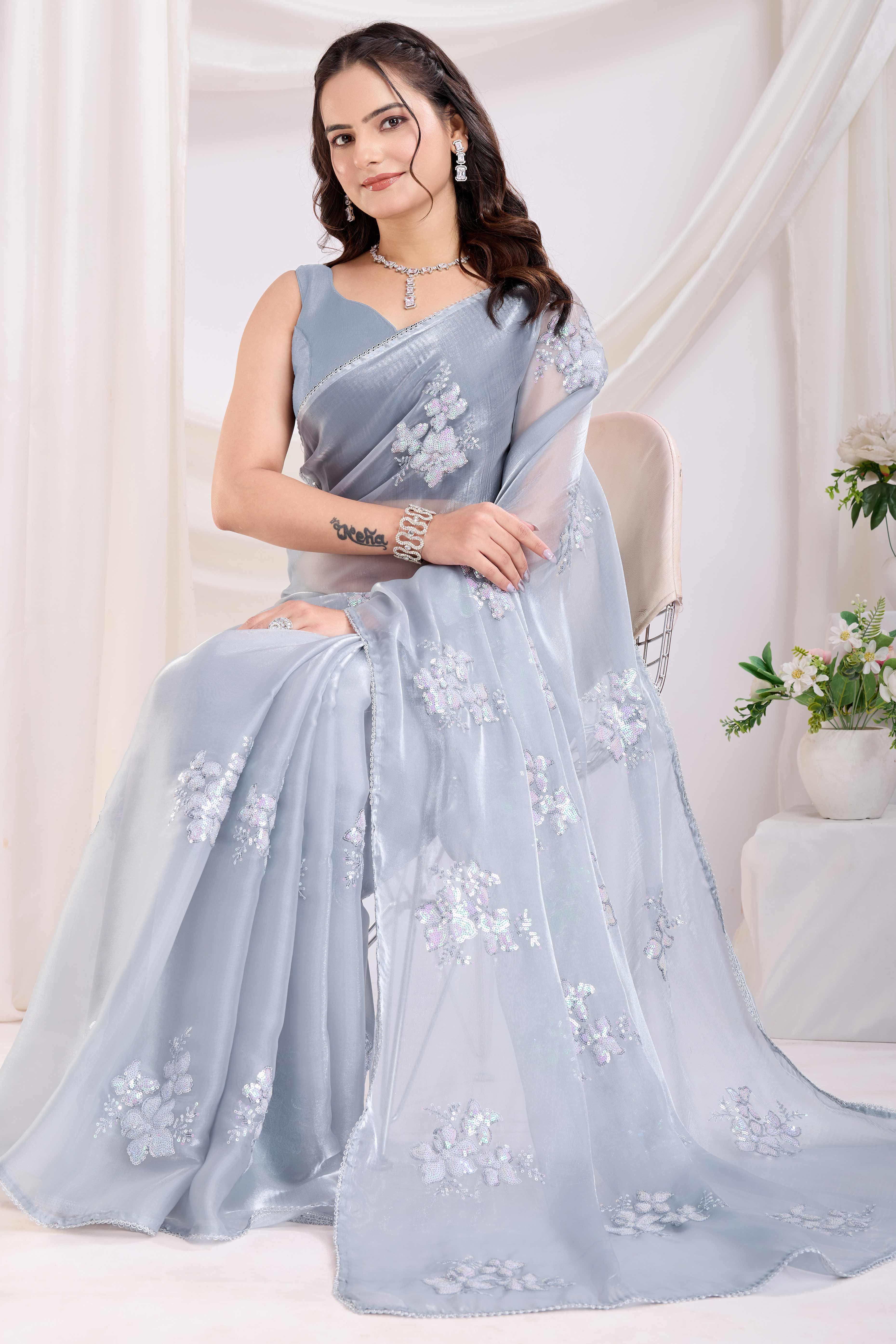 Grey Saree With Exquisite Floral Sequins Embroidery On Luxe Jimmy Choo Silk Blend