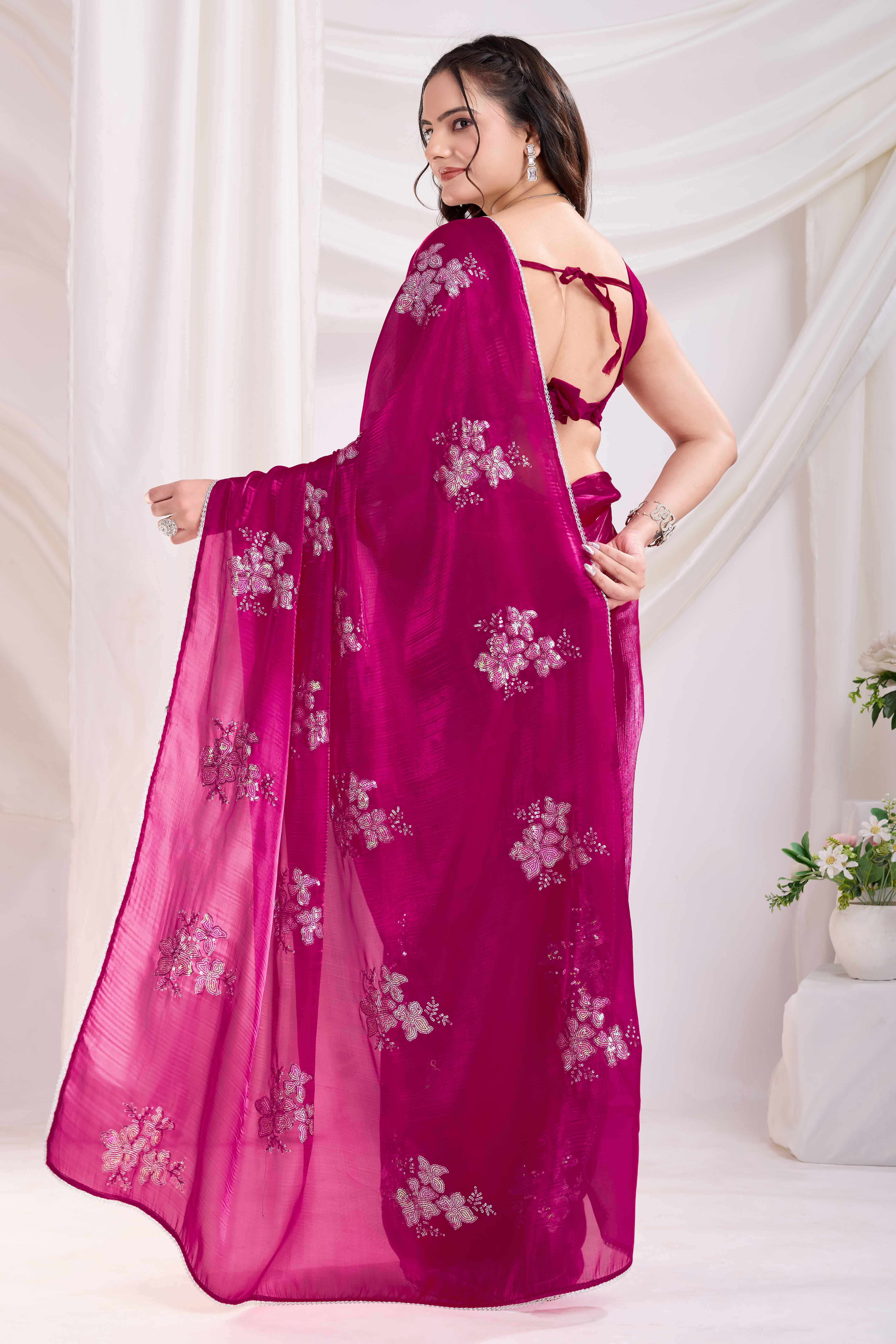 Rani Pink Saree With Exquisite Floral Sequins Embroidery On Luxe Jimmy Choo Silk Blend