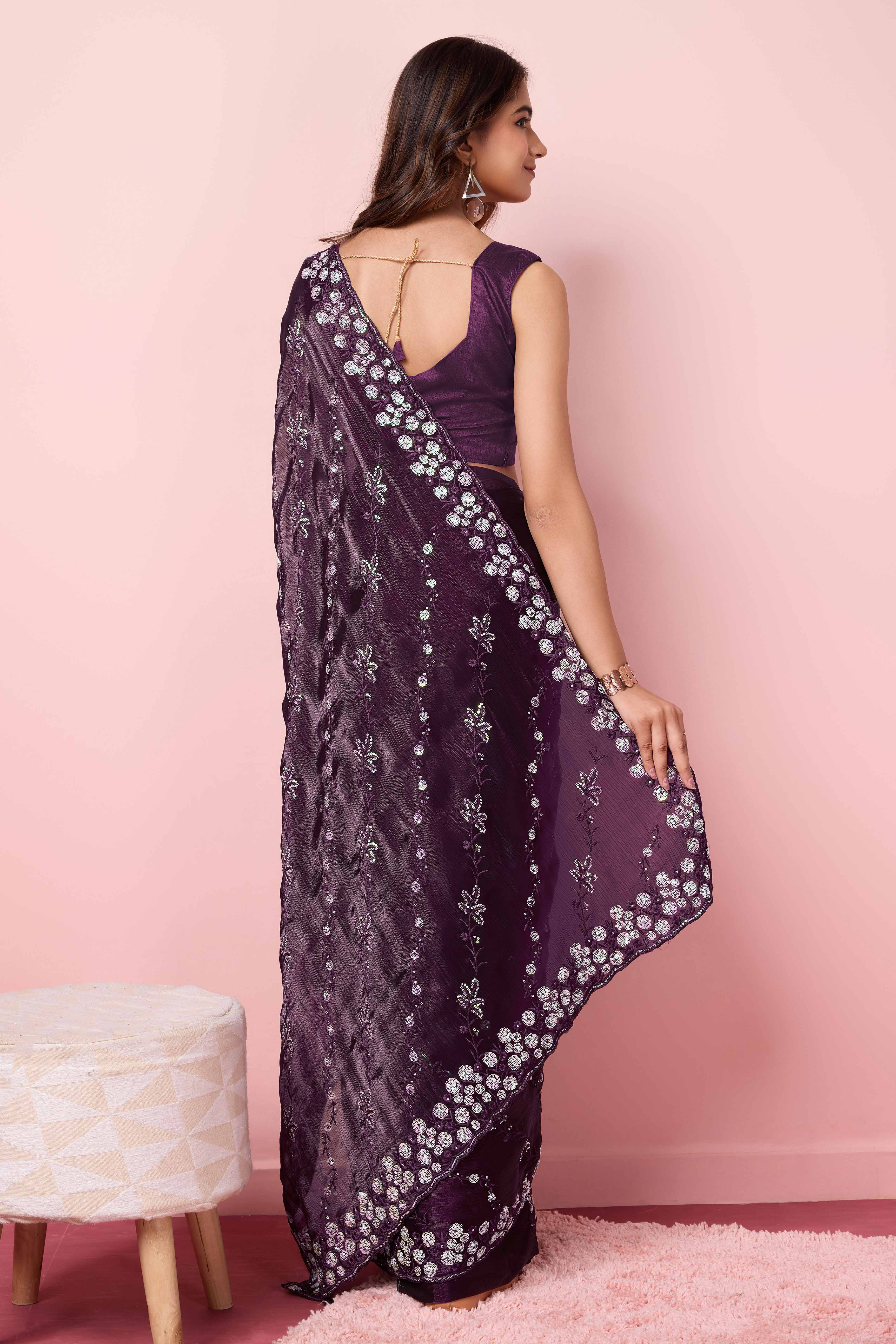 Wine Floral Sequins Embroidered Burberry Silk Saree