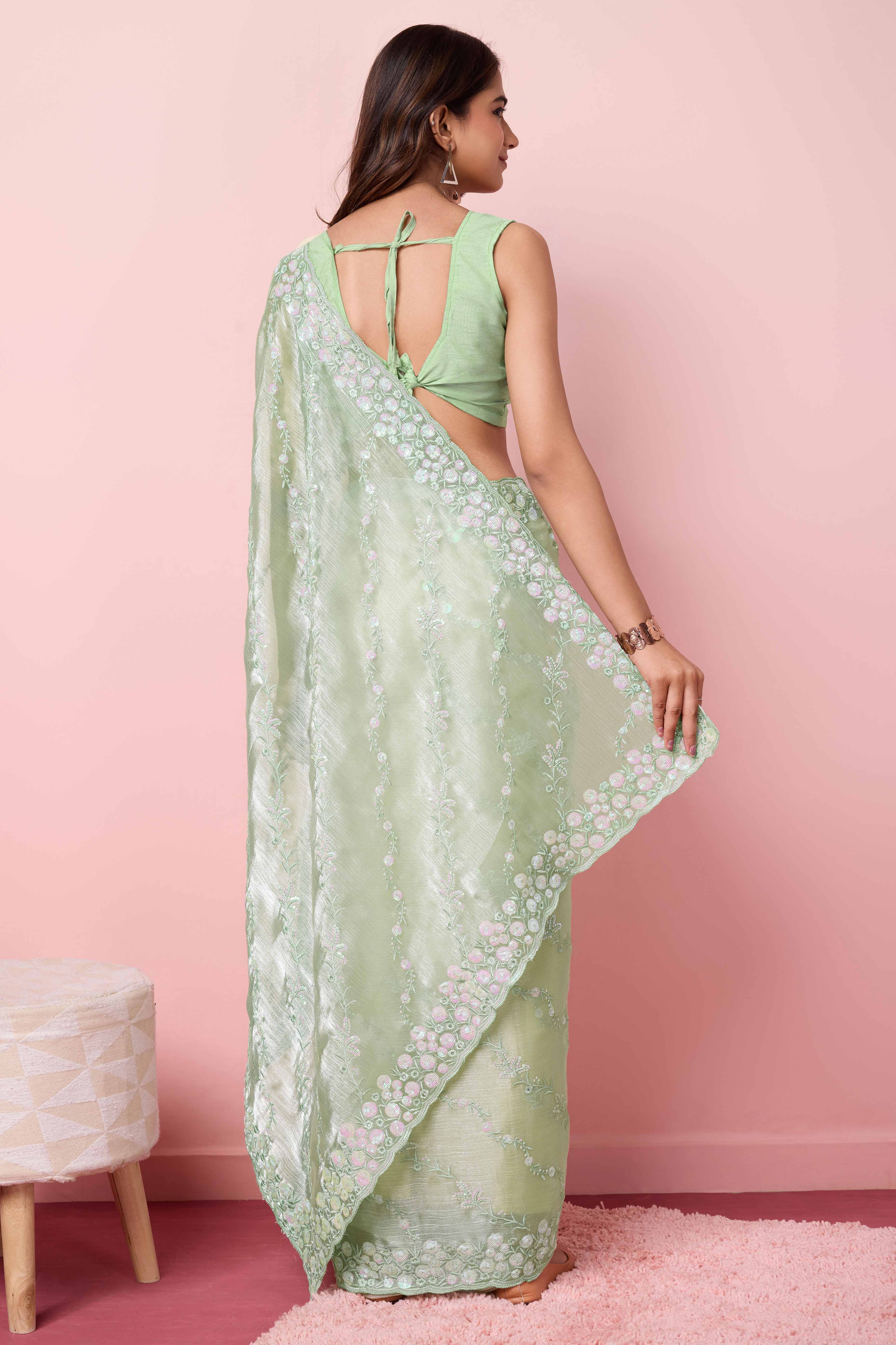Green Floral Sequins Embroidered Burberry Silk Saree
