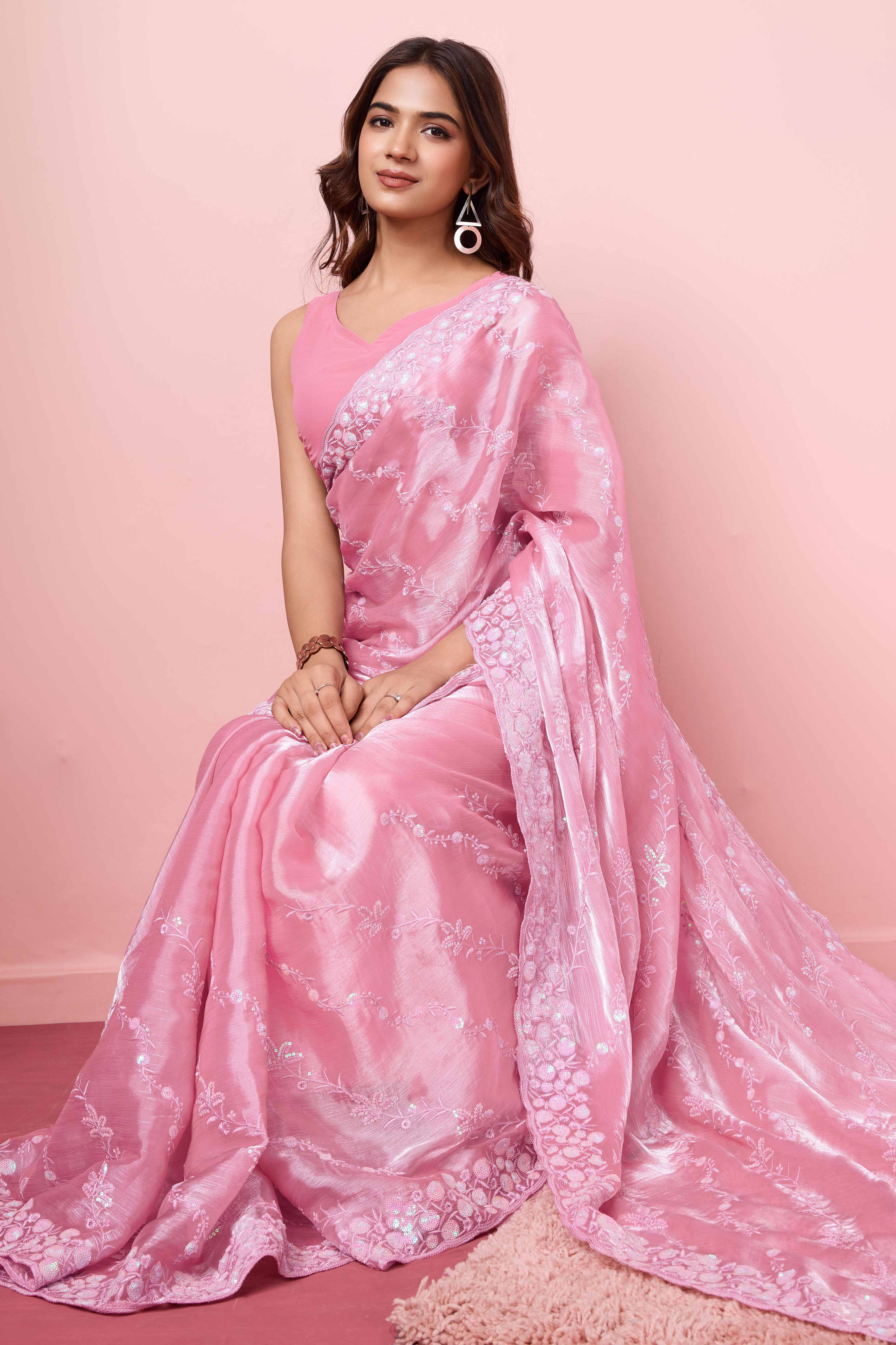 Pink Floral Sequins Embroidered Burberry Silk Saree
