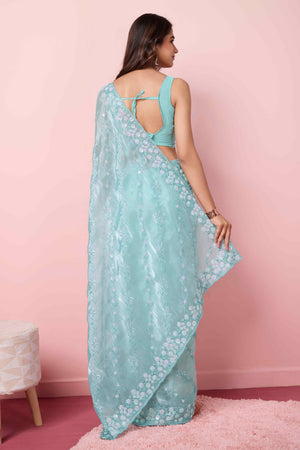 Blue Floral Sequins Embroidered Burberry Silk Saree