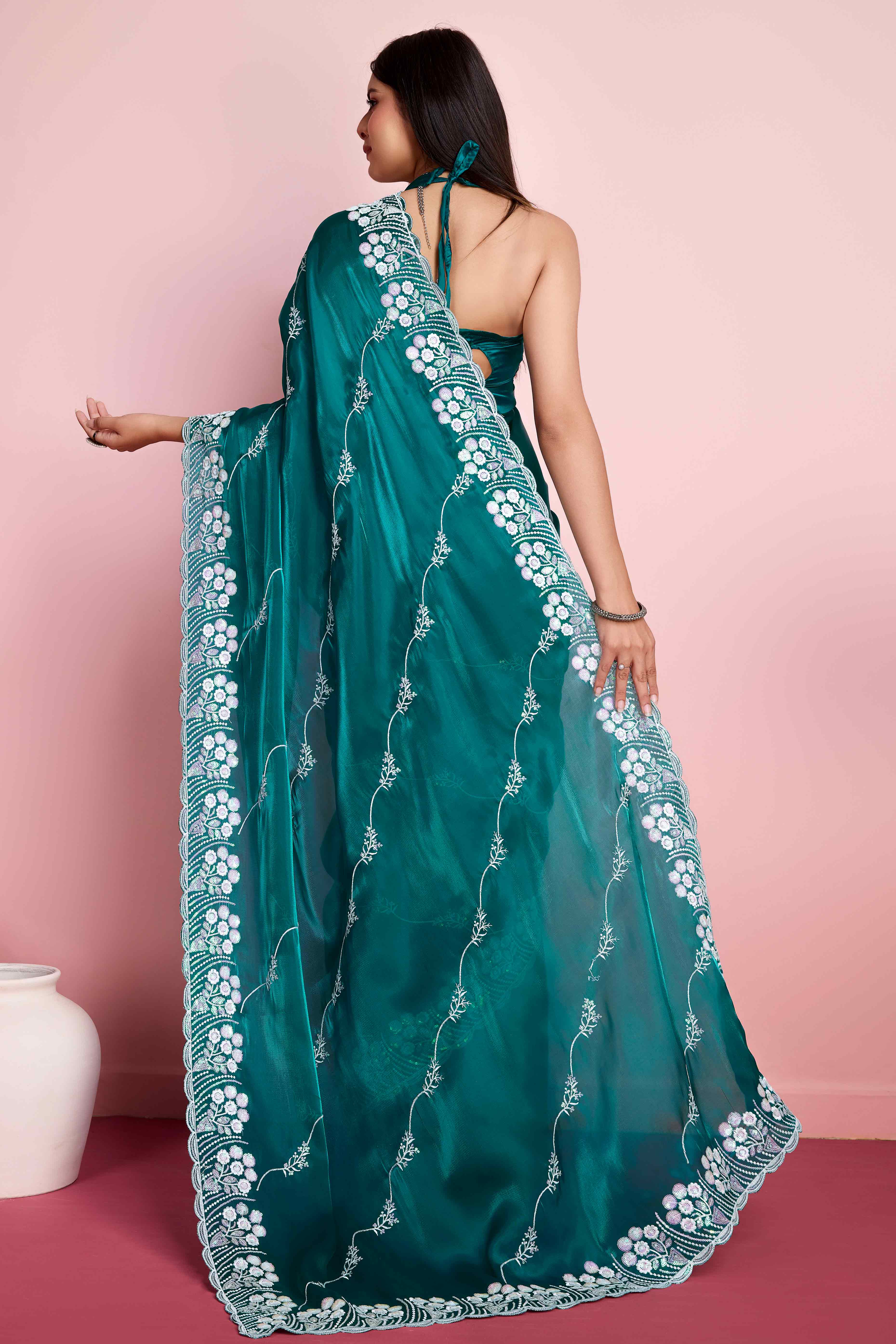 Teal Green Floral Sequins Embroidered Jimmy Choo Tissue Saree