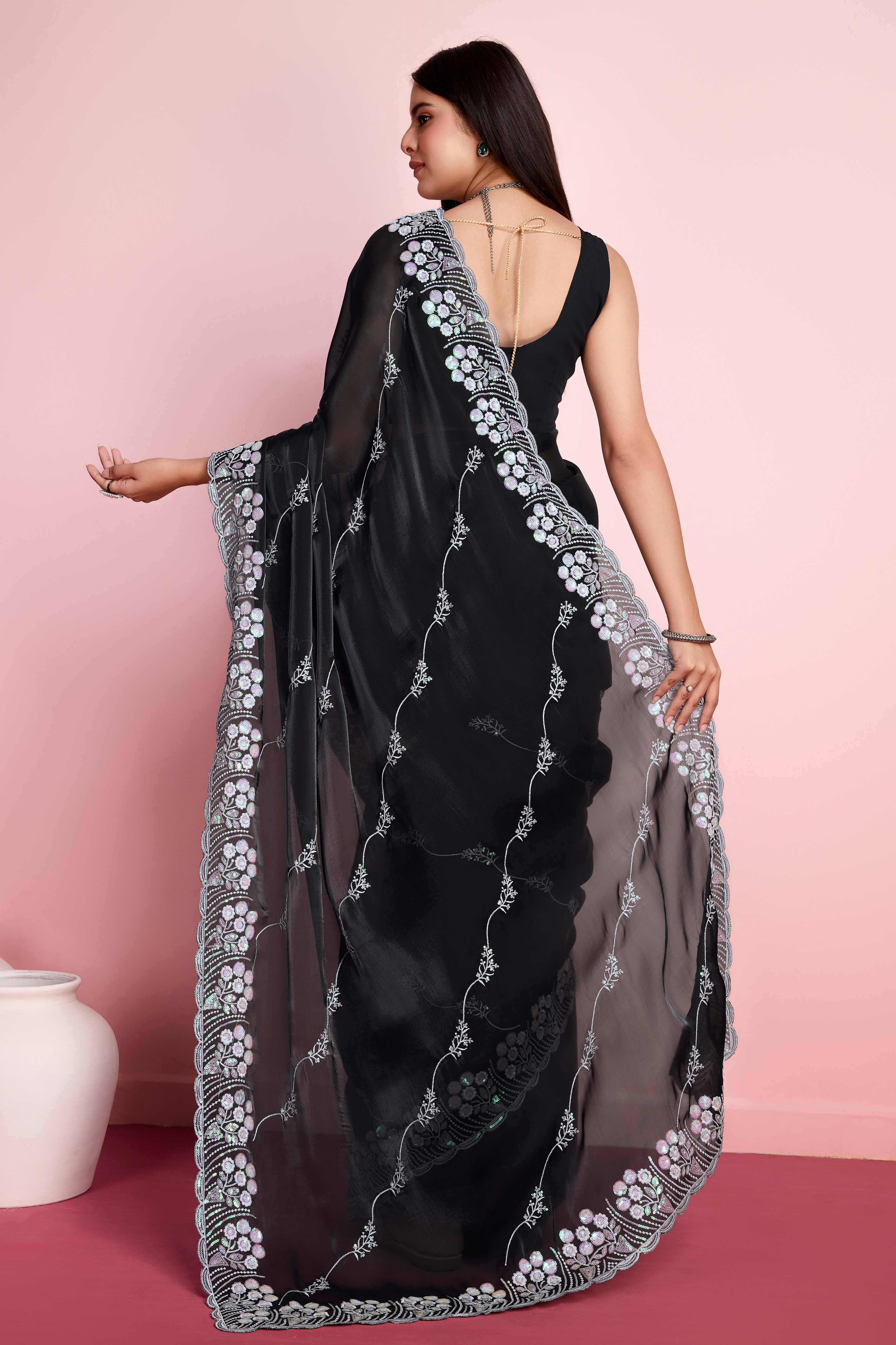 Black Floral Sequins Embroidered Jimmy Choo Tissue Saree