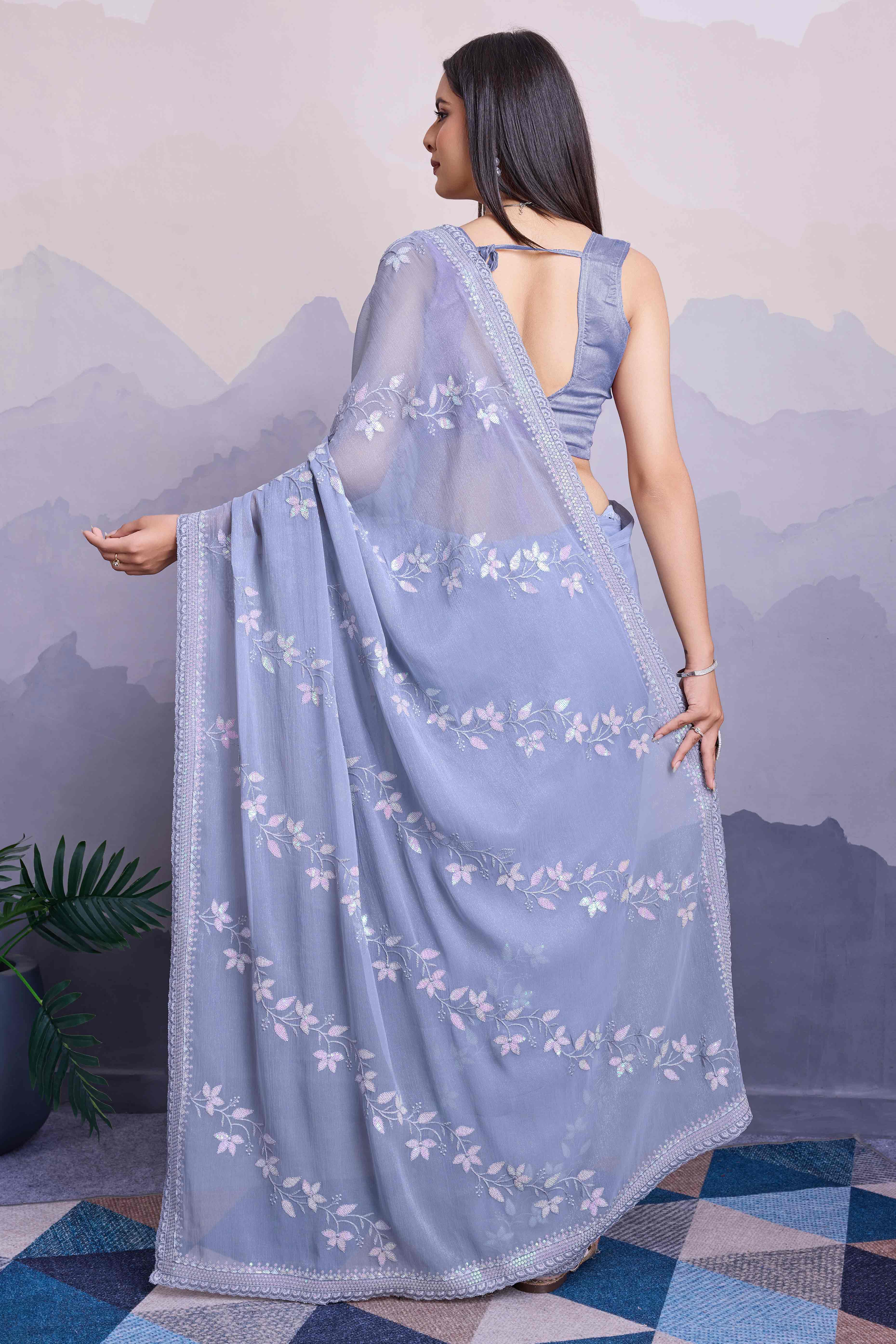 Lavender Floral Sequins Embroidered Chiffon Saree
