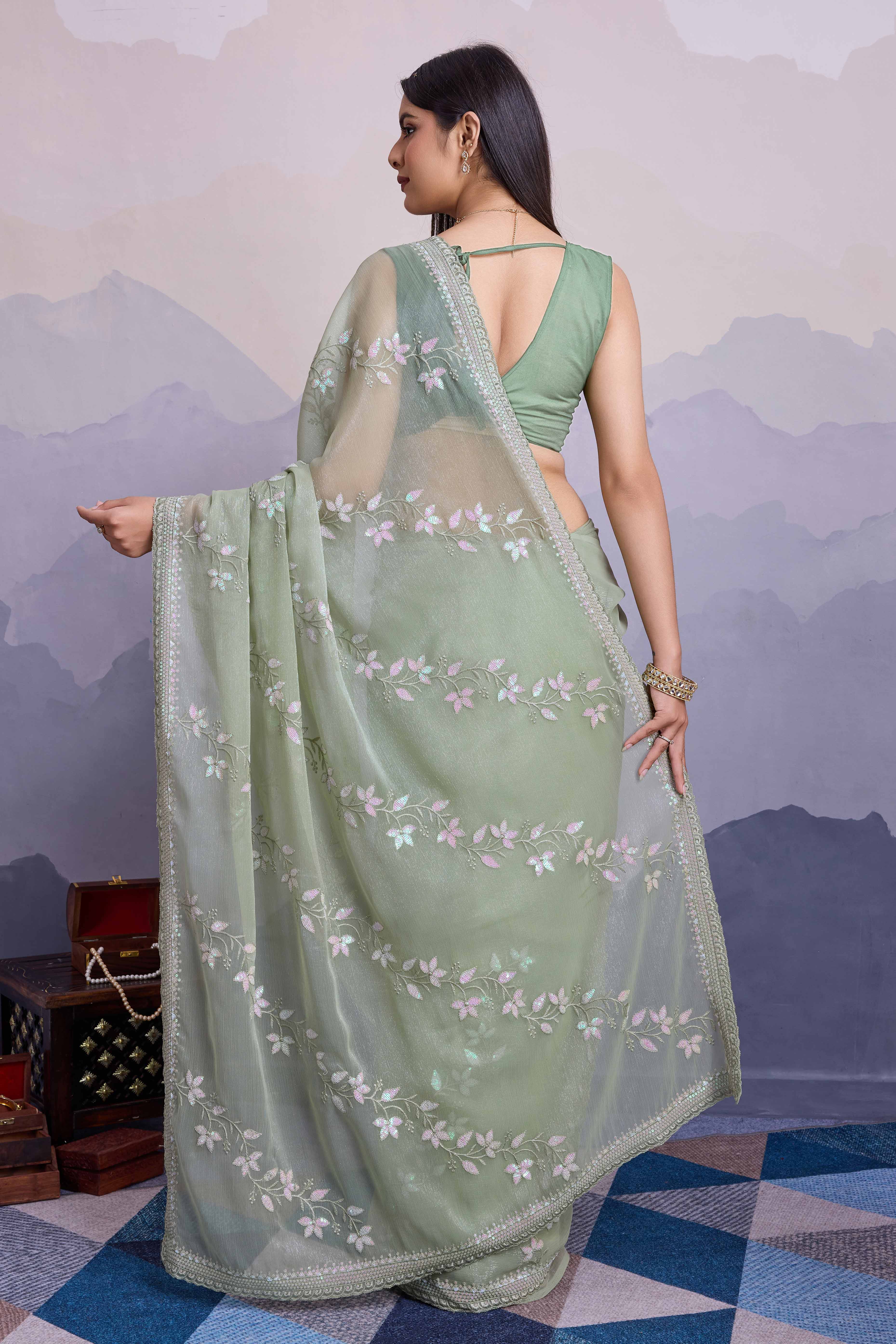 Green Floral Sequins Embroidered Chiffon Saree