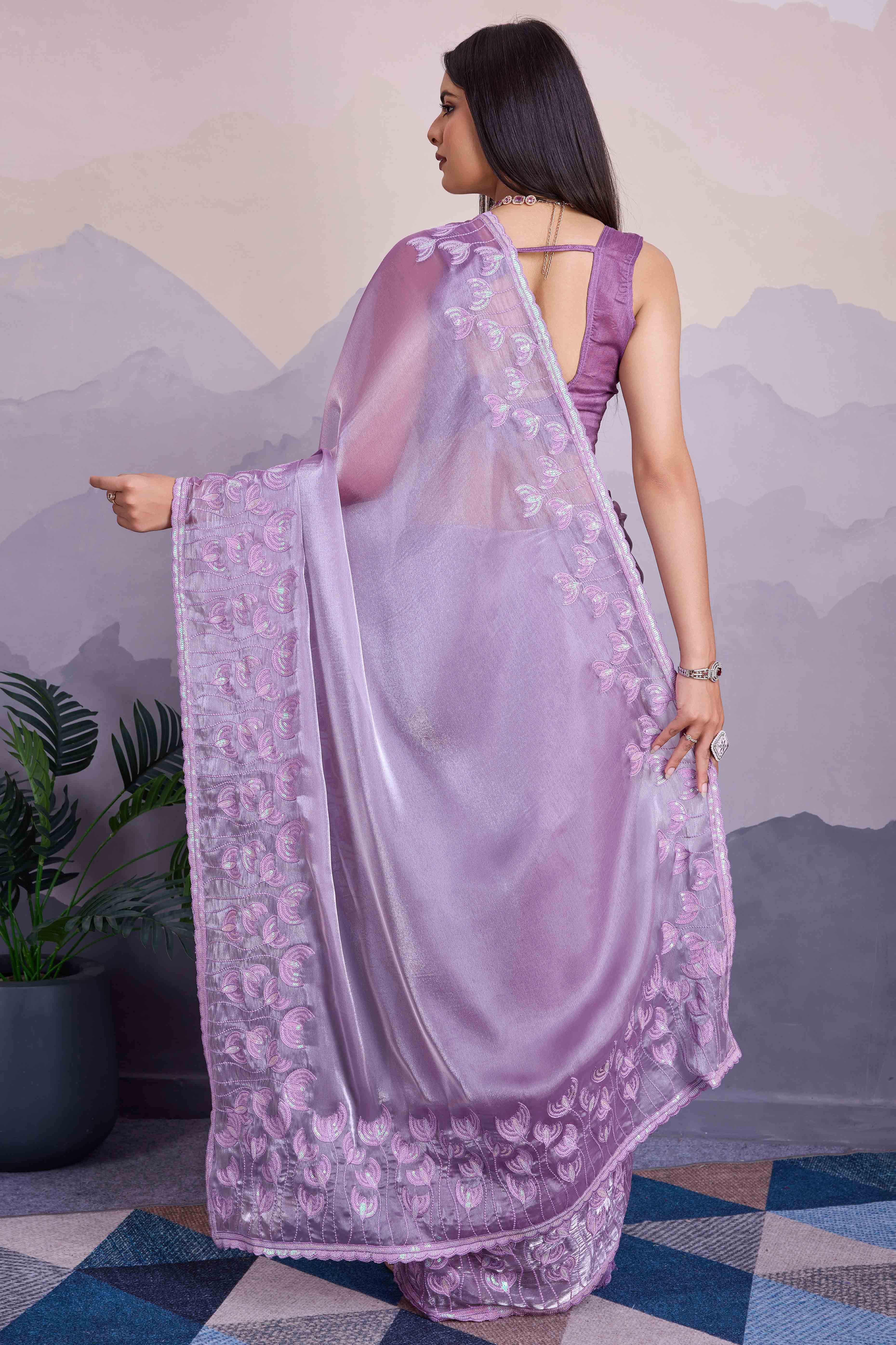 Lavender Floral Sequins Embroidered Jimmi Choo Zoya Silk Saree