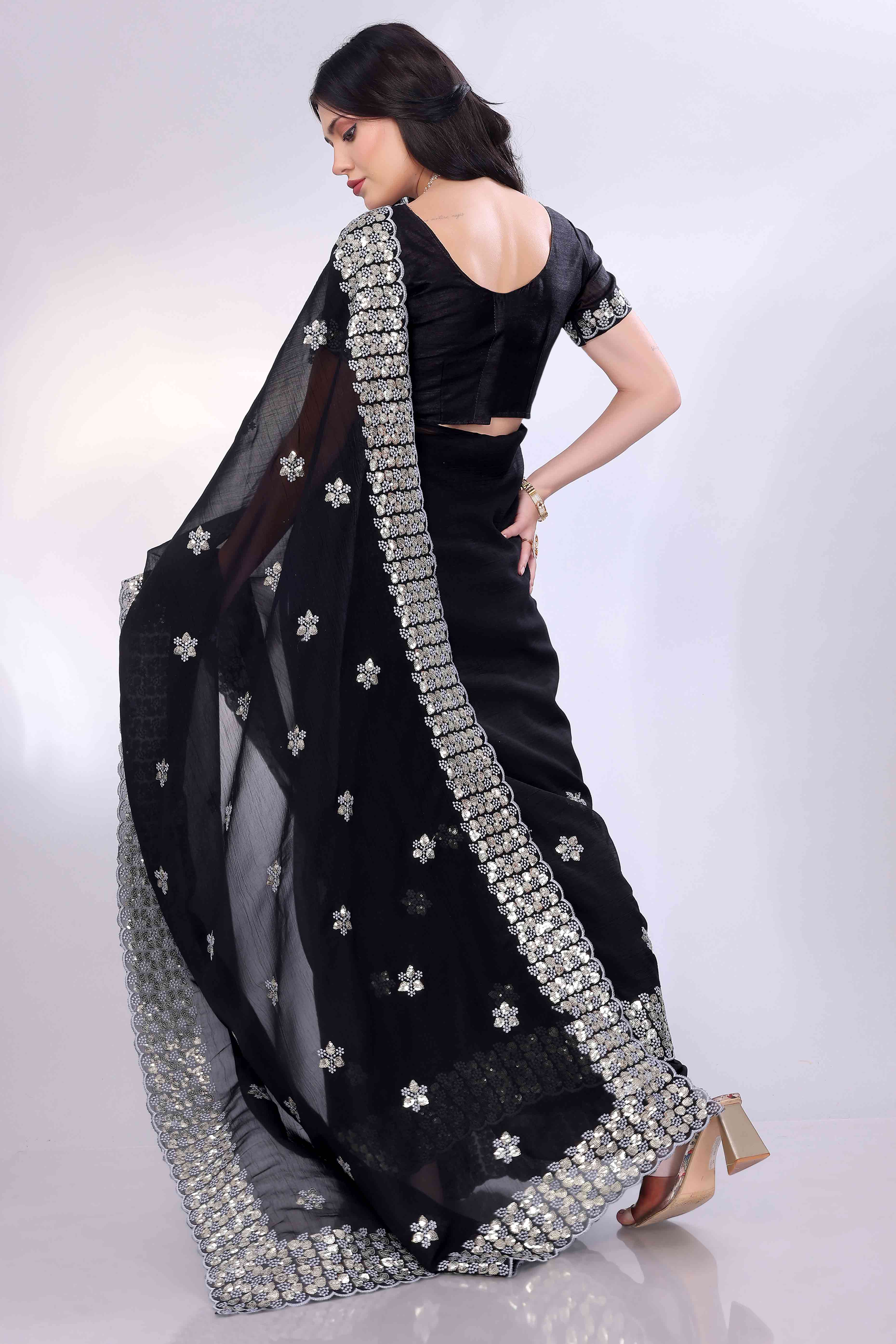 Black Crunchy Organza Silk Saree Adorned With Intricate Floral Sequins Embroidery