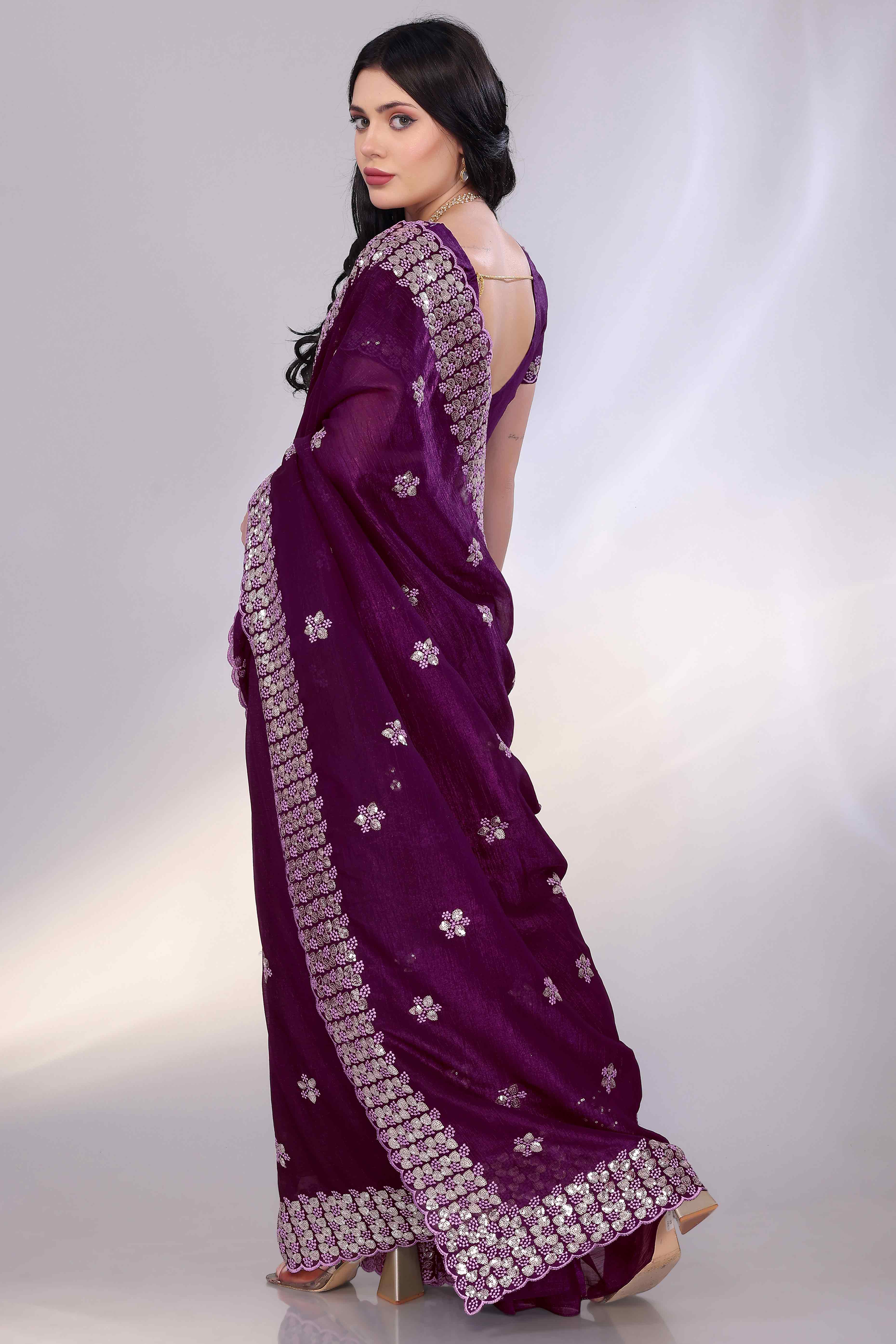 Wine Crunchy Organza Silk Saree Adorned With Intricate Floral Sequins Embroidery