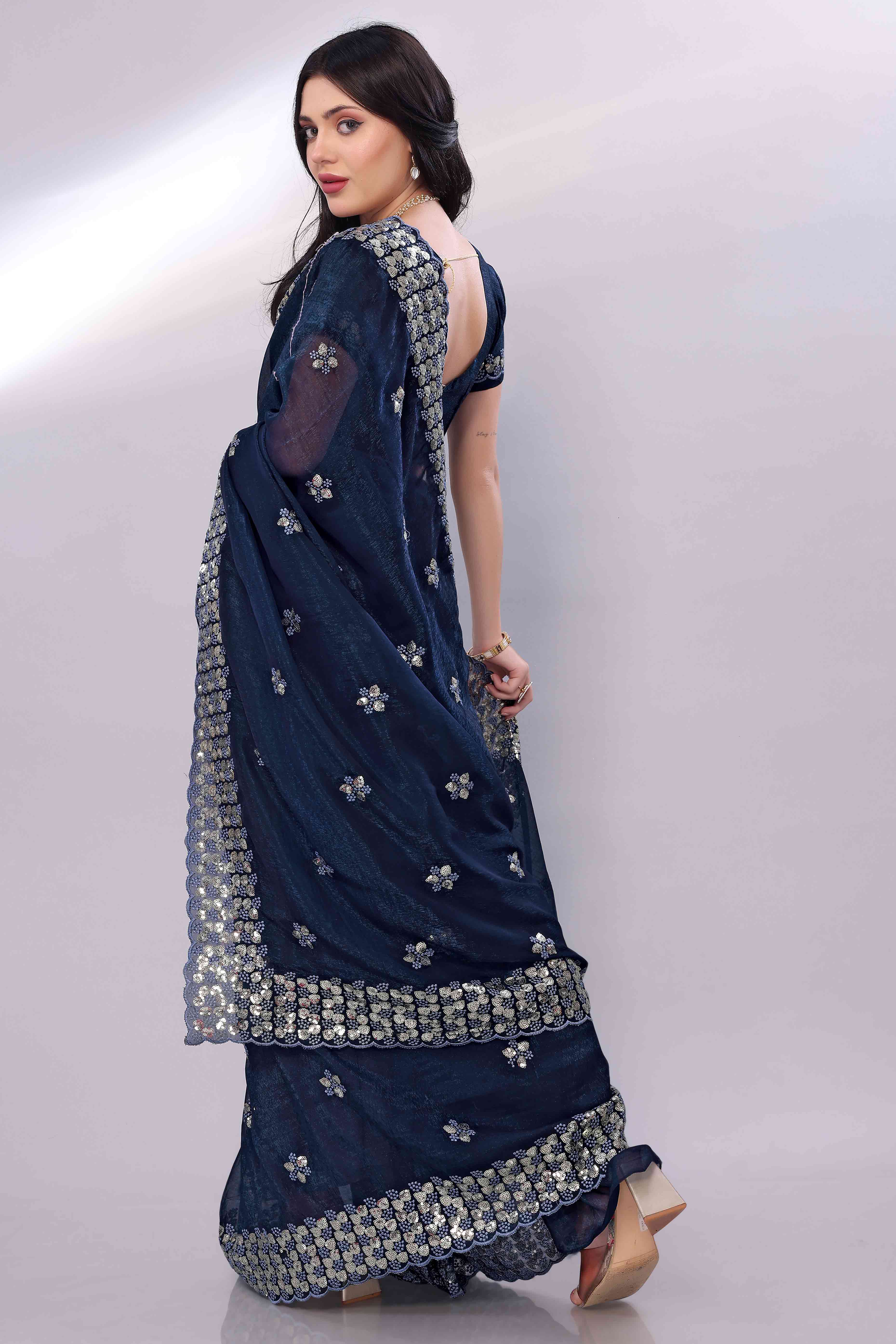 Blue Crunchy Organza Silk Saree Adorned With Intricate Floral Sequins Embroidery