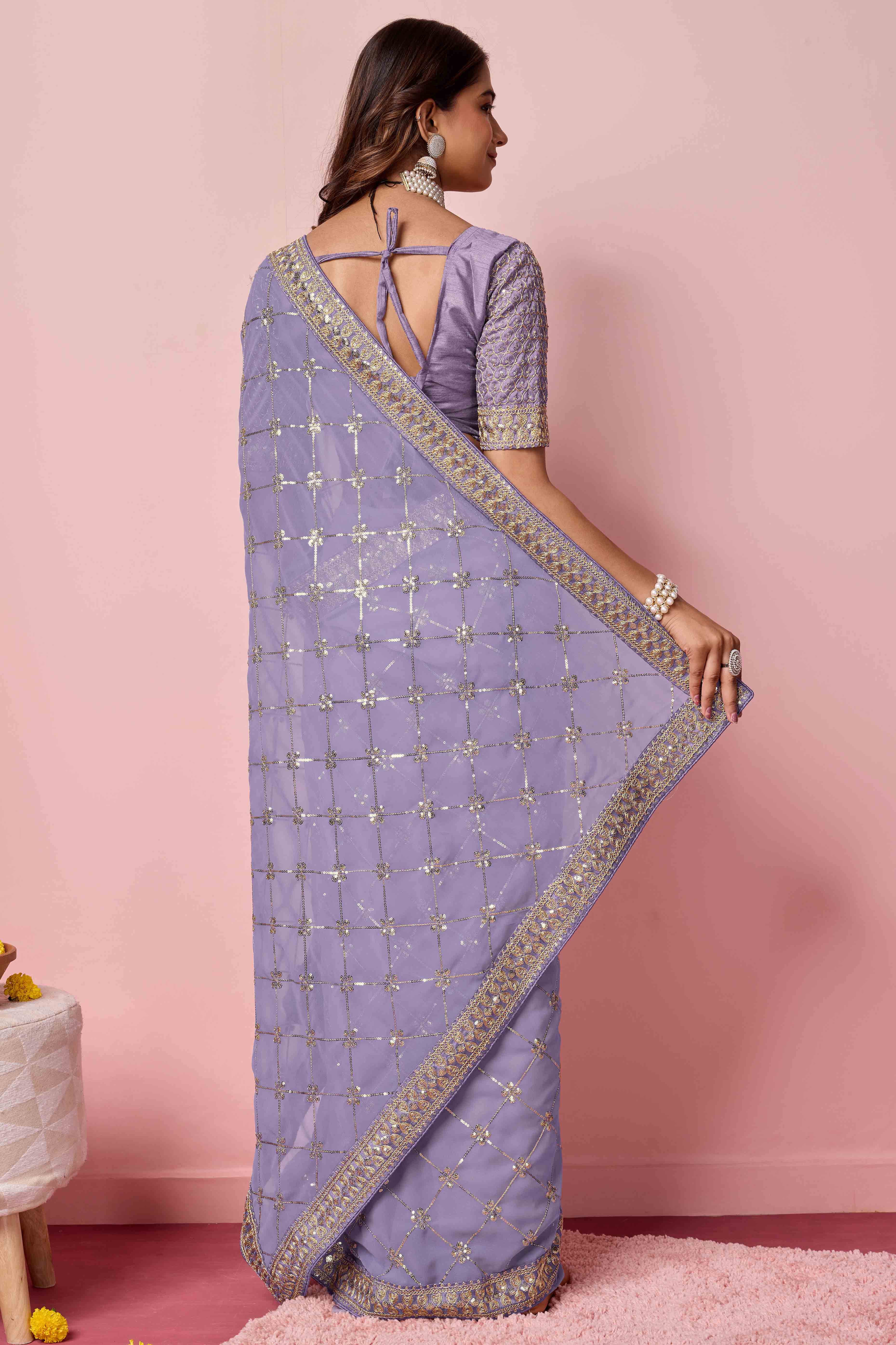 Lavender Sequins Embroidered Georgette Saree