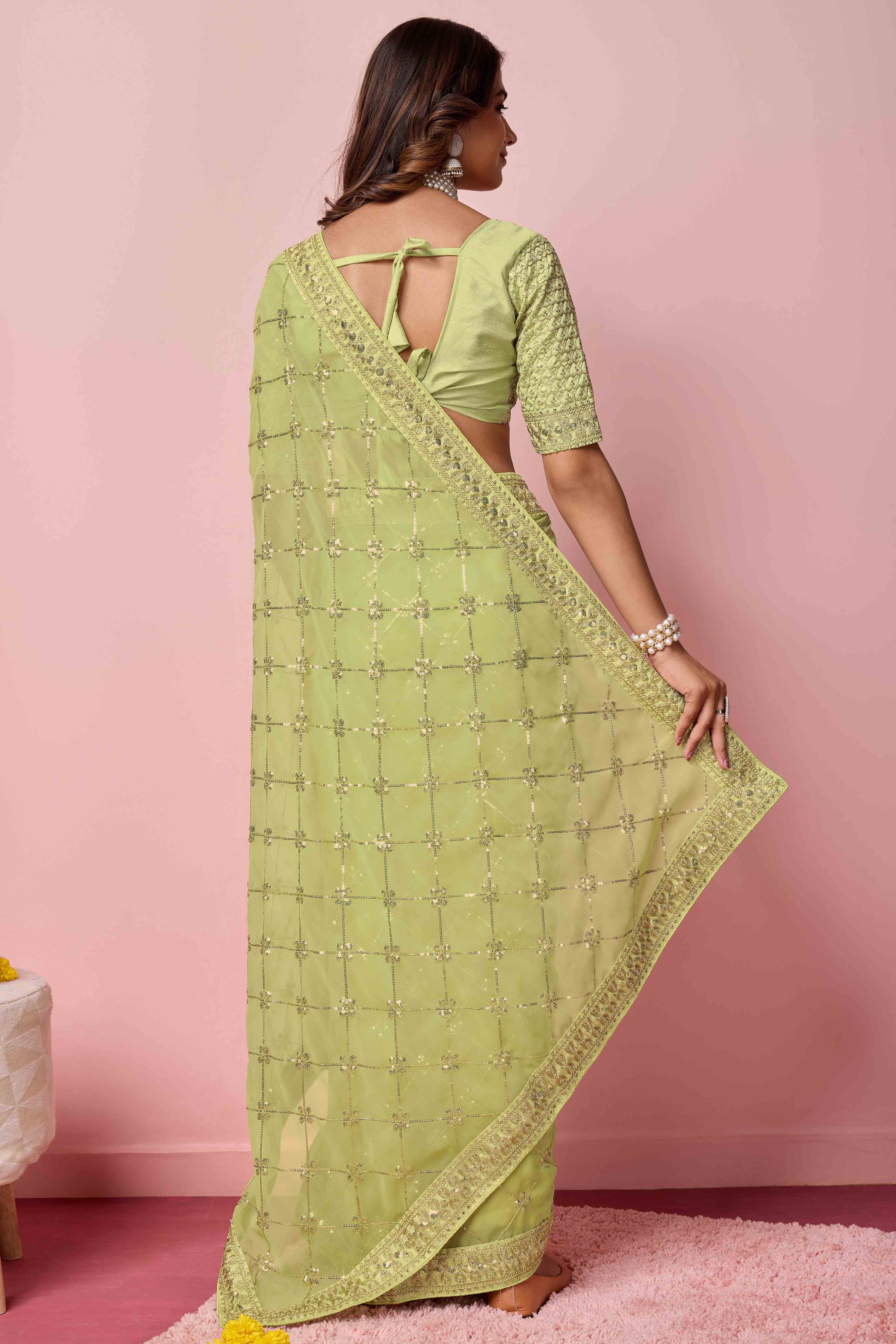 Green Sequins Embroidered Georgette Saree