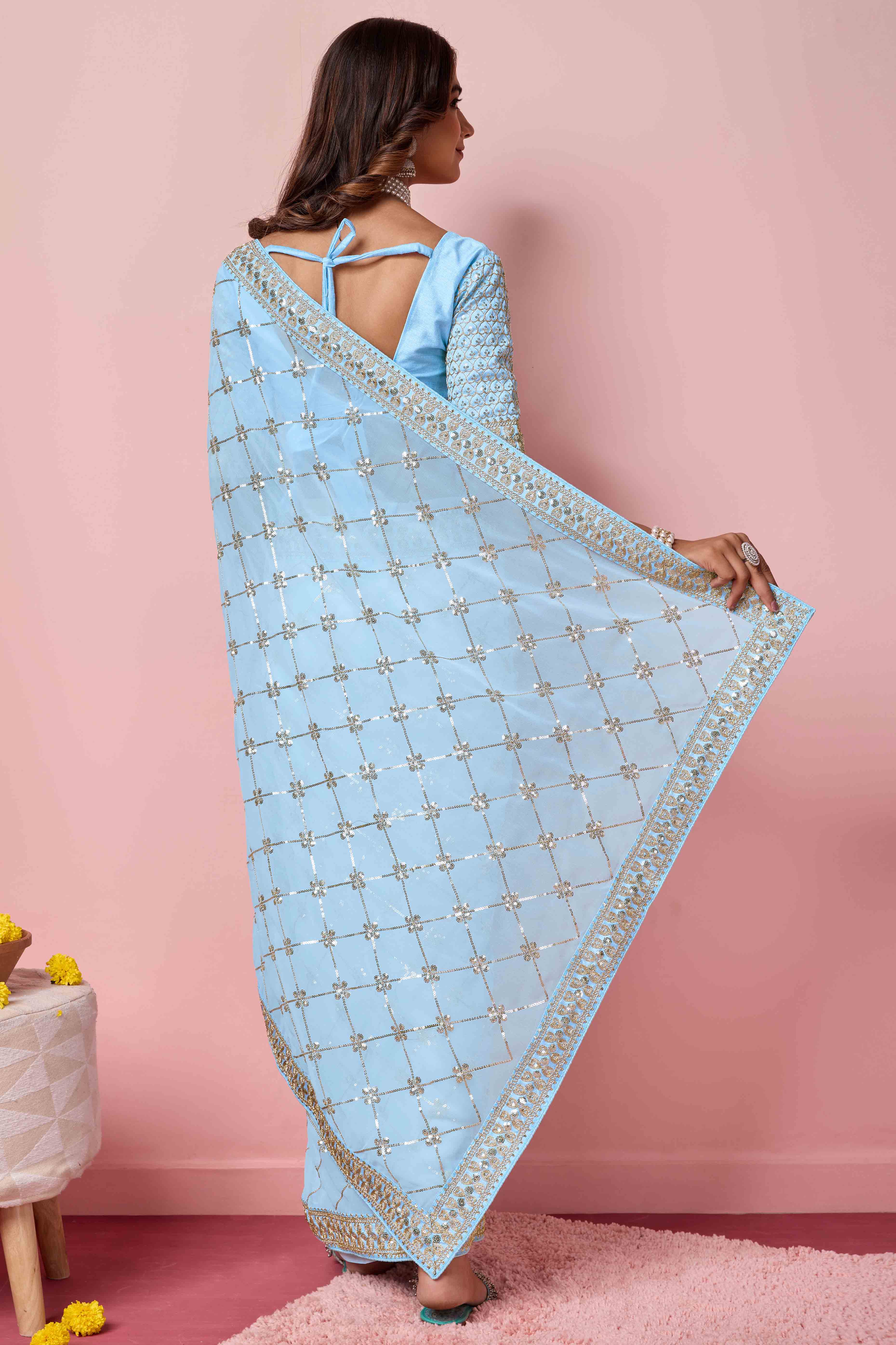 Blue Sequins Embroidered Georgette Saree