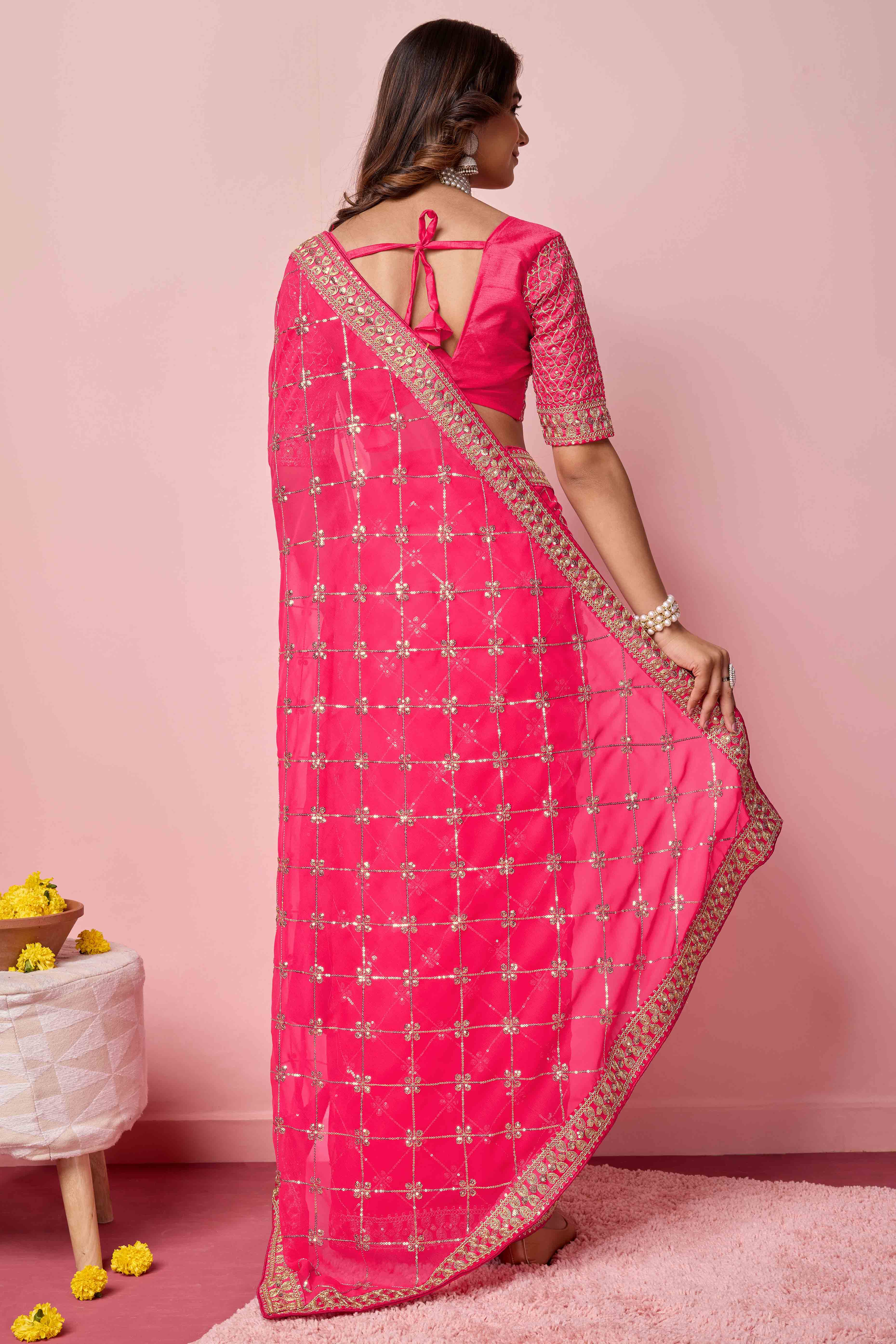 Pink Sequins Embroidered Georgette Saree
