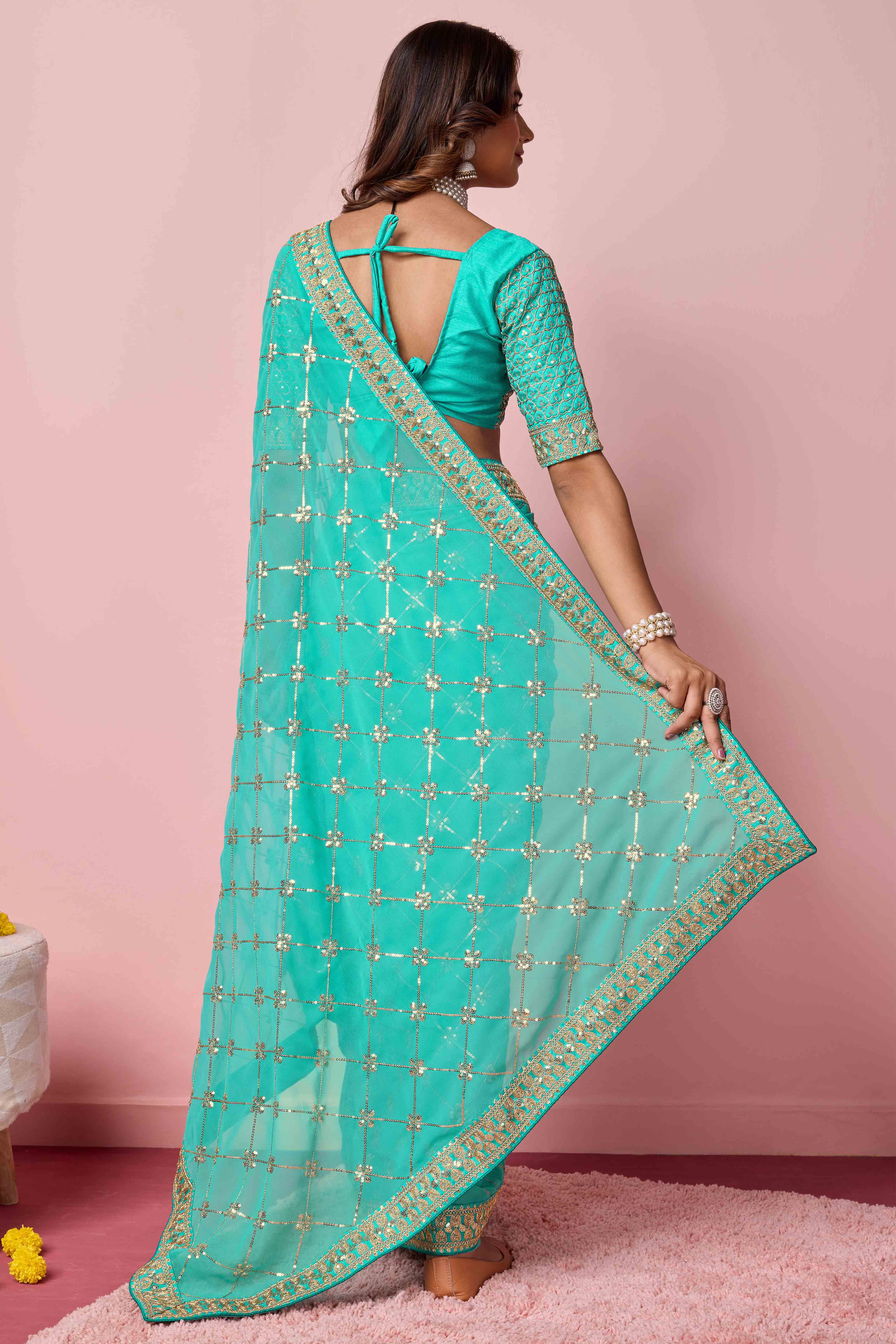 Turquoise Sequins Embroidered Georgette Saree