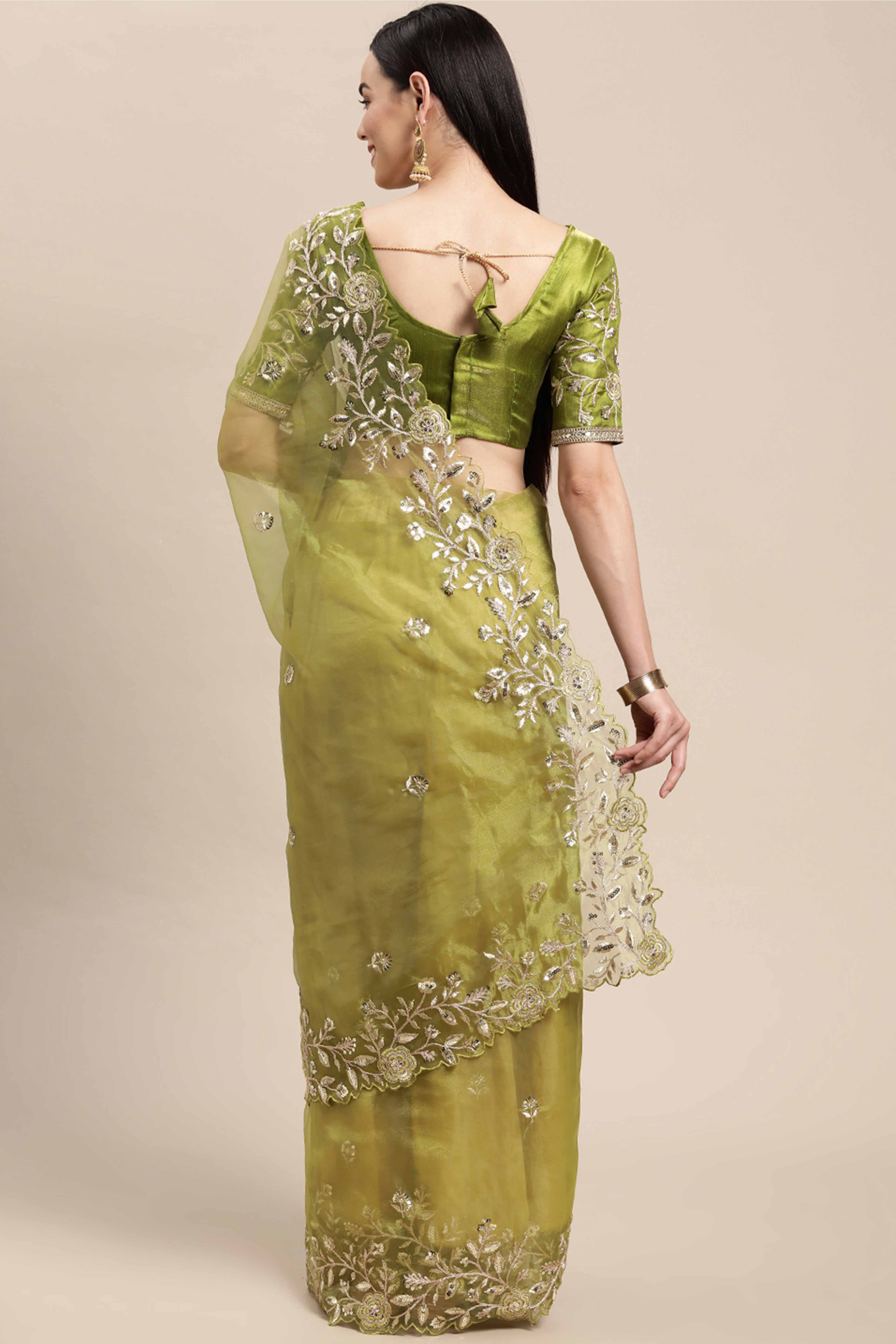 Organza Partywear Saree in Mehendi Green with Floral Embroidery