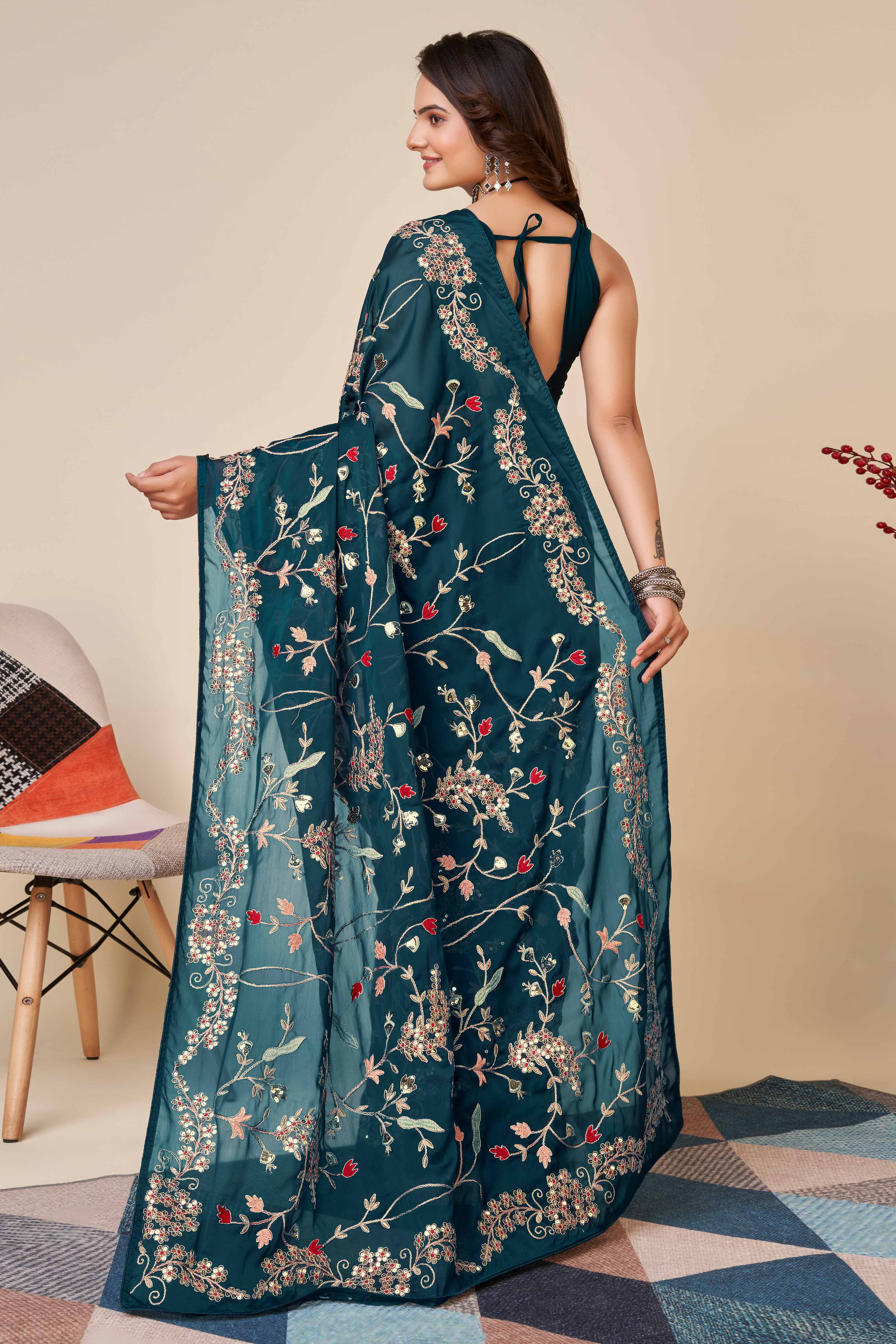 Teal Rangoli Art Silk Saree Featuring Intricate Floral Cording Embroidery & Sparkling Sequin Work