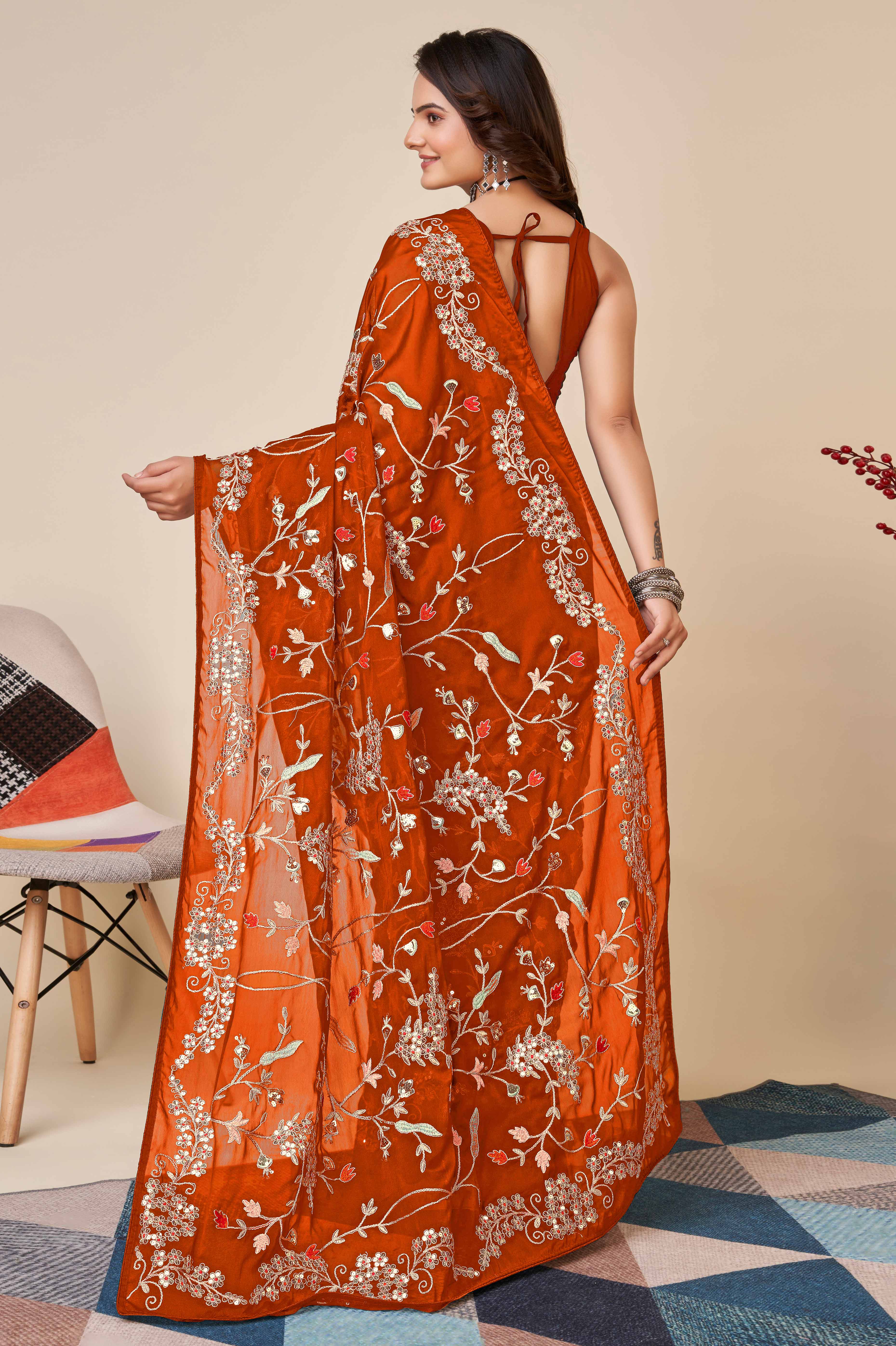 Orange Rangoli Art Silk Saree Featuring Intricate Floral Cording Embroidery & Sparkling Sequin Work