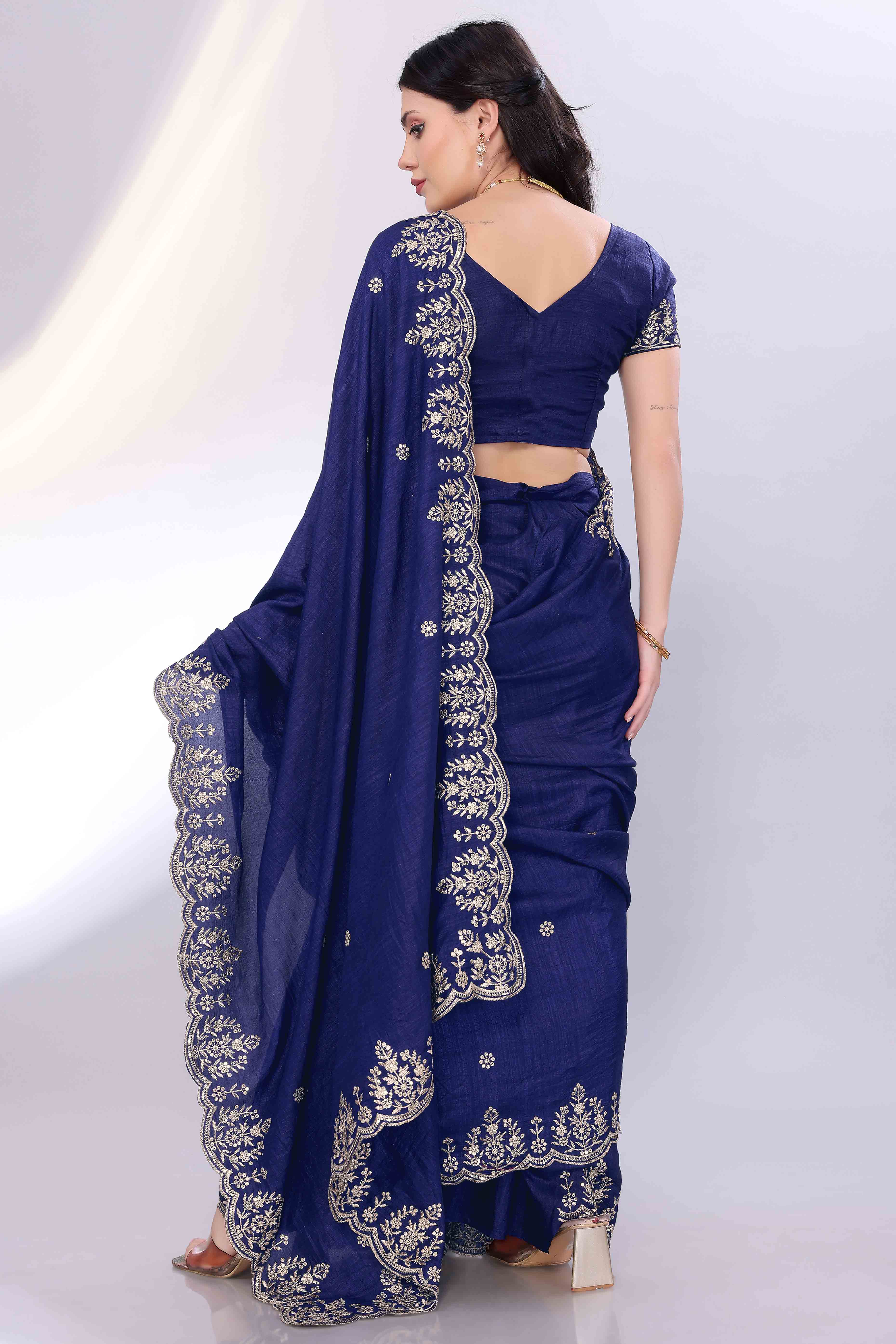 Blue Zari Embroidered Saree In Vichitra Silk With Shimmering Floral Sequins Work