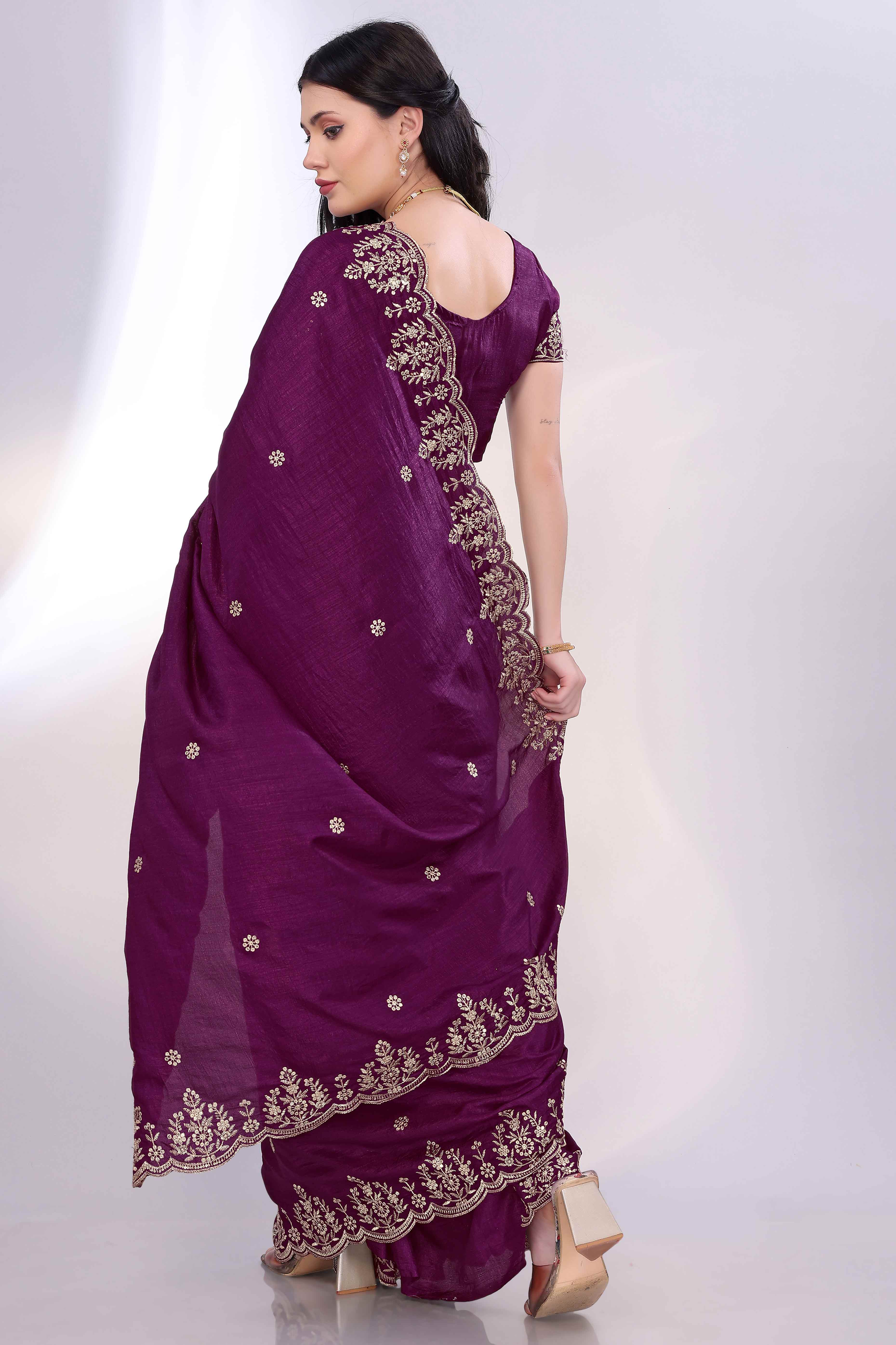 Wine Zari Embroidered Saree In Vichitra Silk With Shimmering Floral Sequins Work