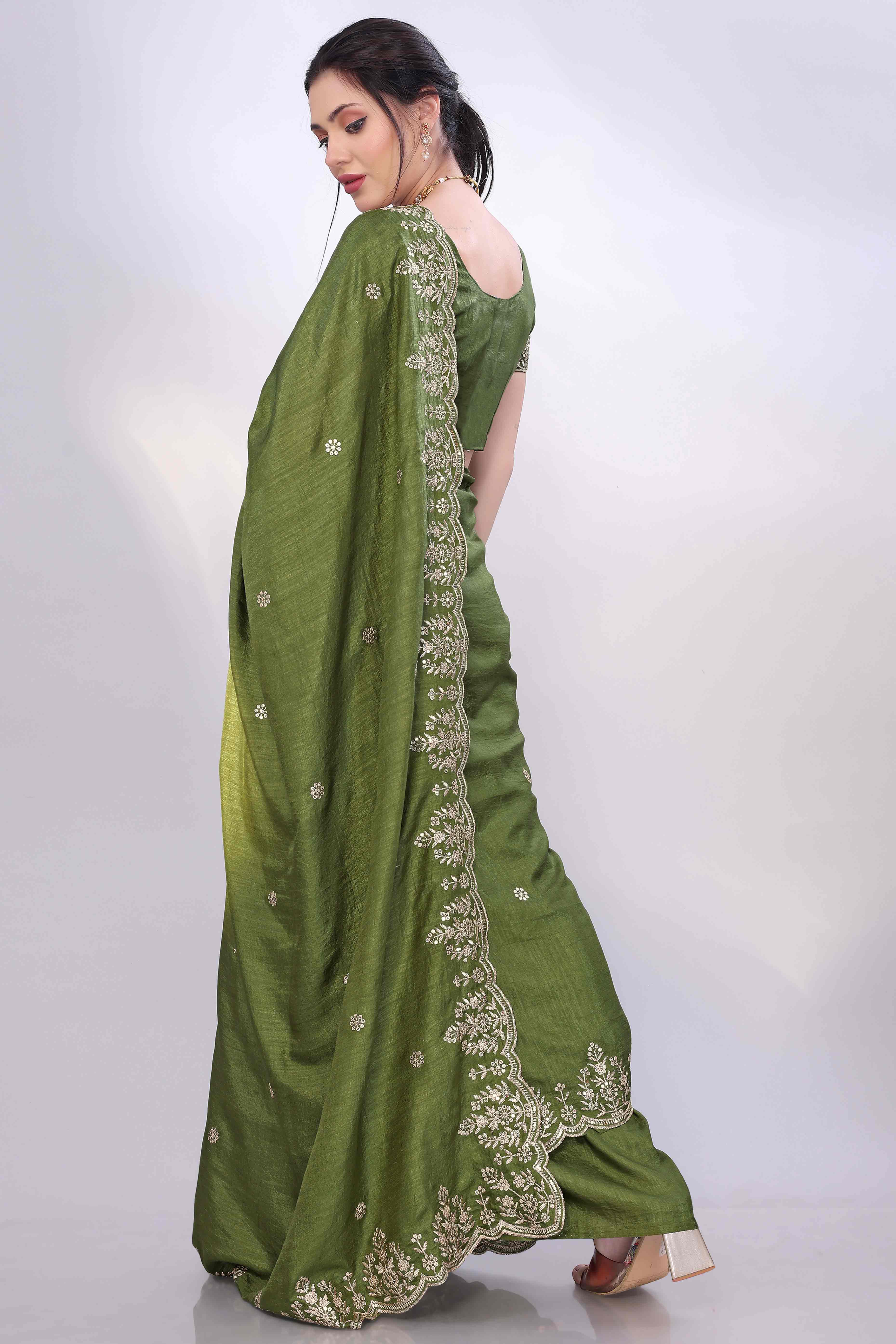 Green Zari Embroidered Saree In Vichitra Silk With Shimmering Floral Sequins Work