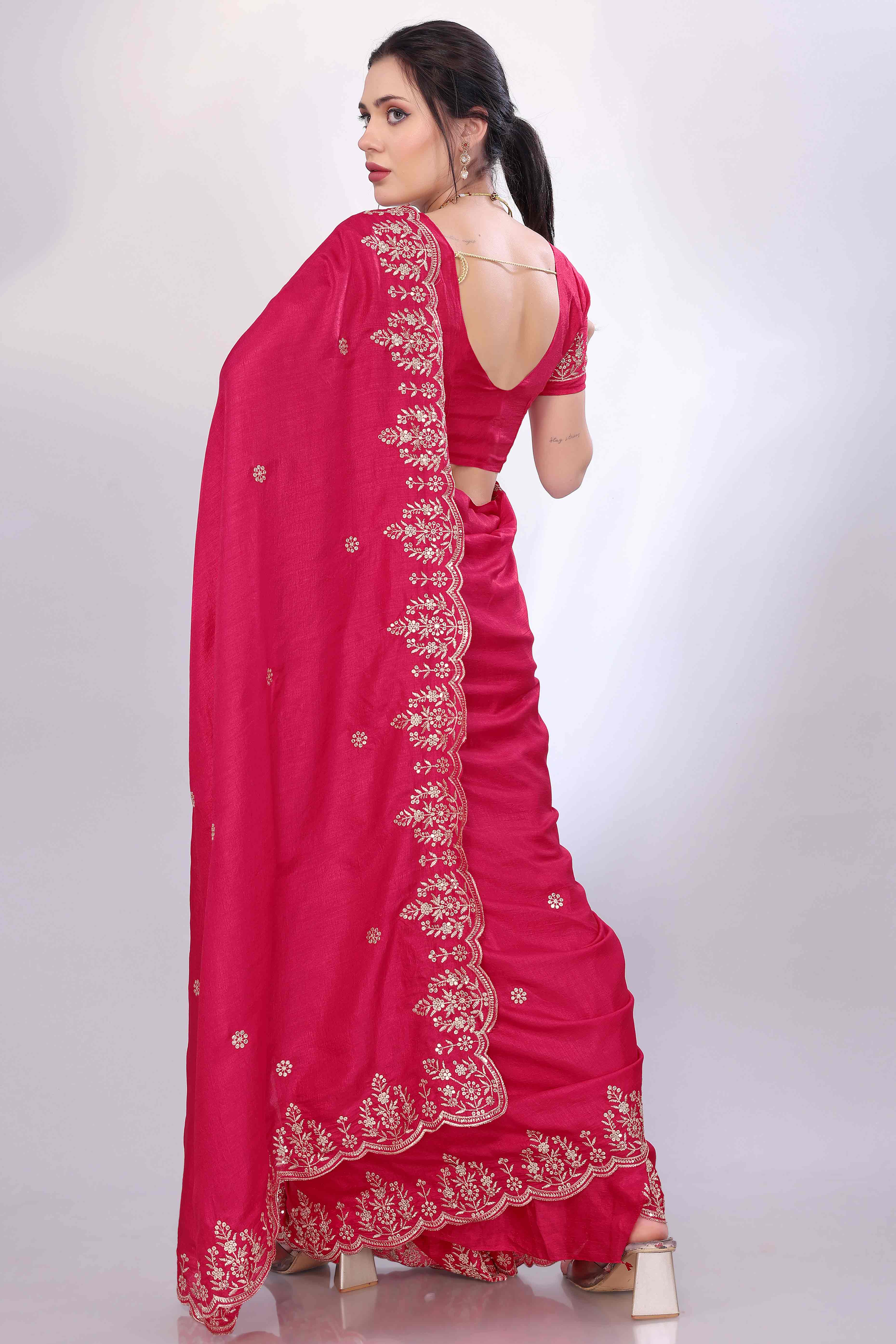 Pink Zari Embroidered Saree In Vichitra Silk With Shimmering Floral Sequins Work
