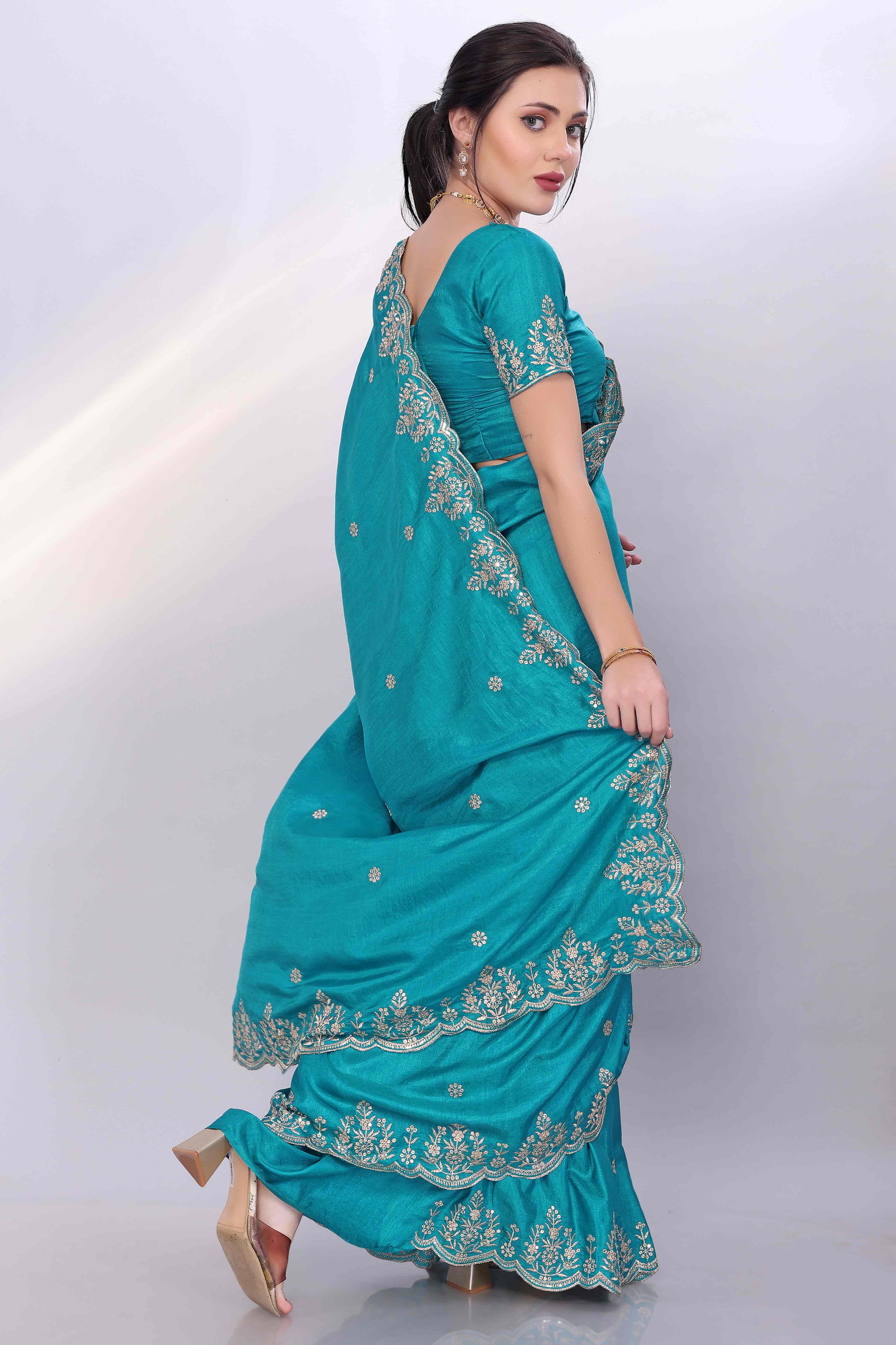 Turquoise Zari Embroidered Saree In Vichitra Silk With Shimmering Floral Sequins Work