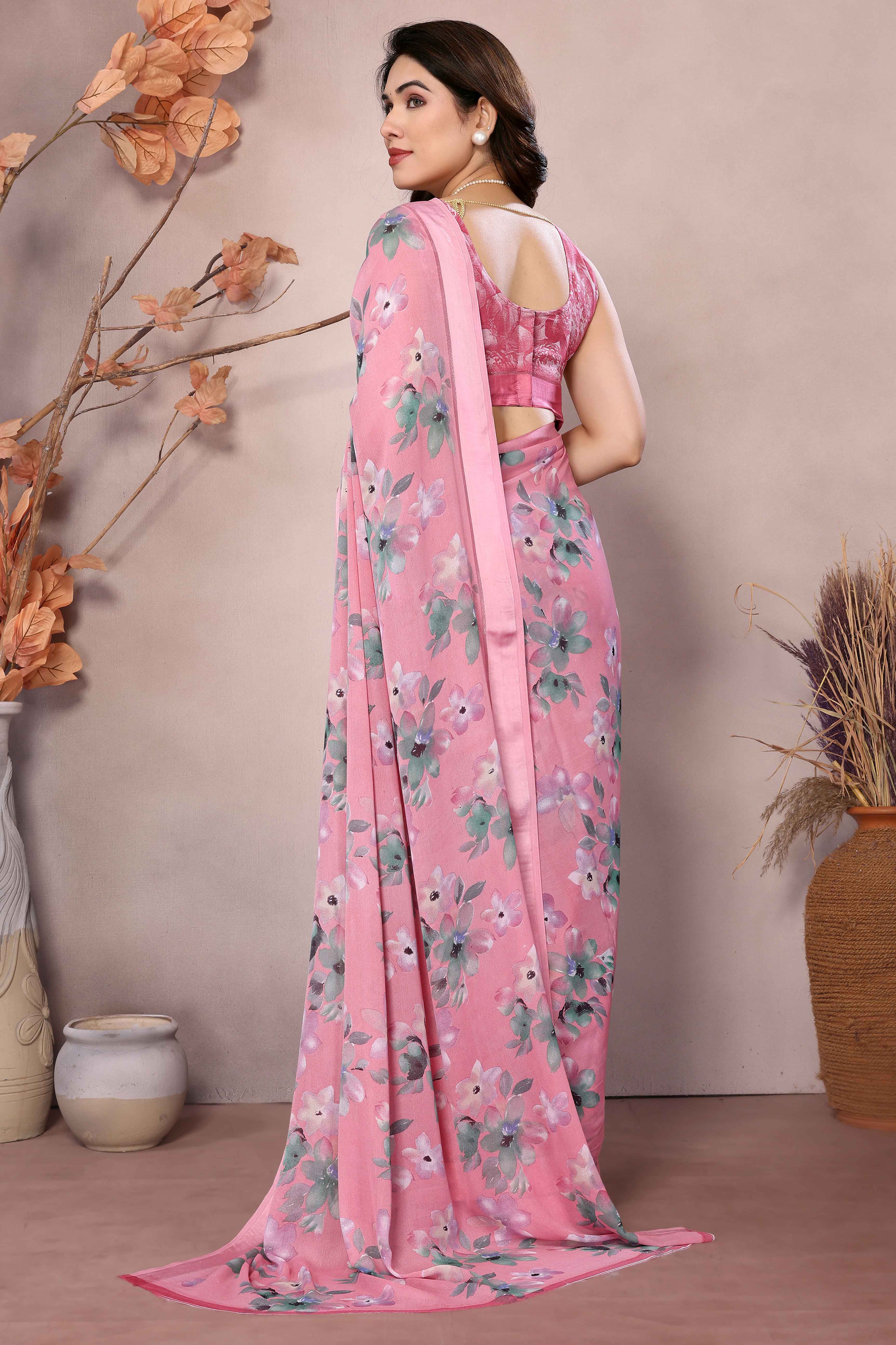 Pink Floral Printed Moss Art Silk Saree