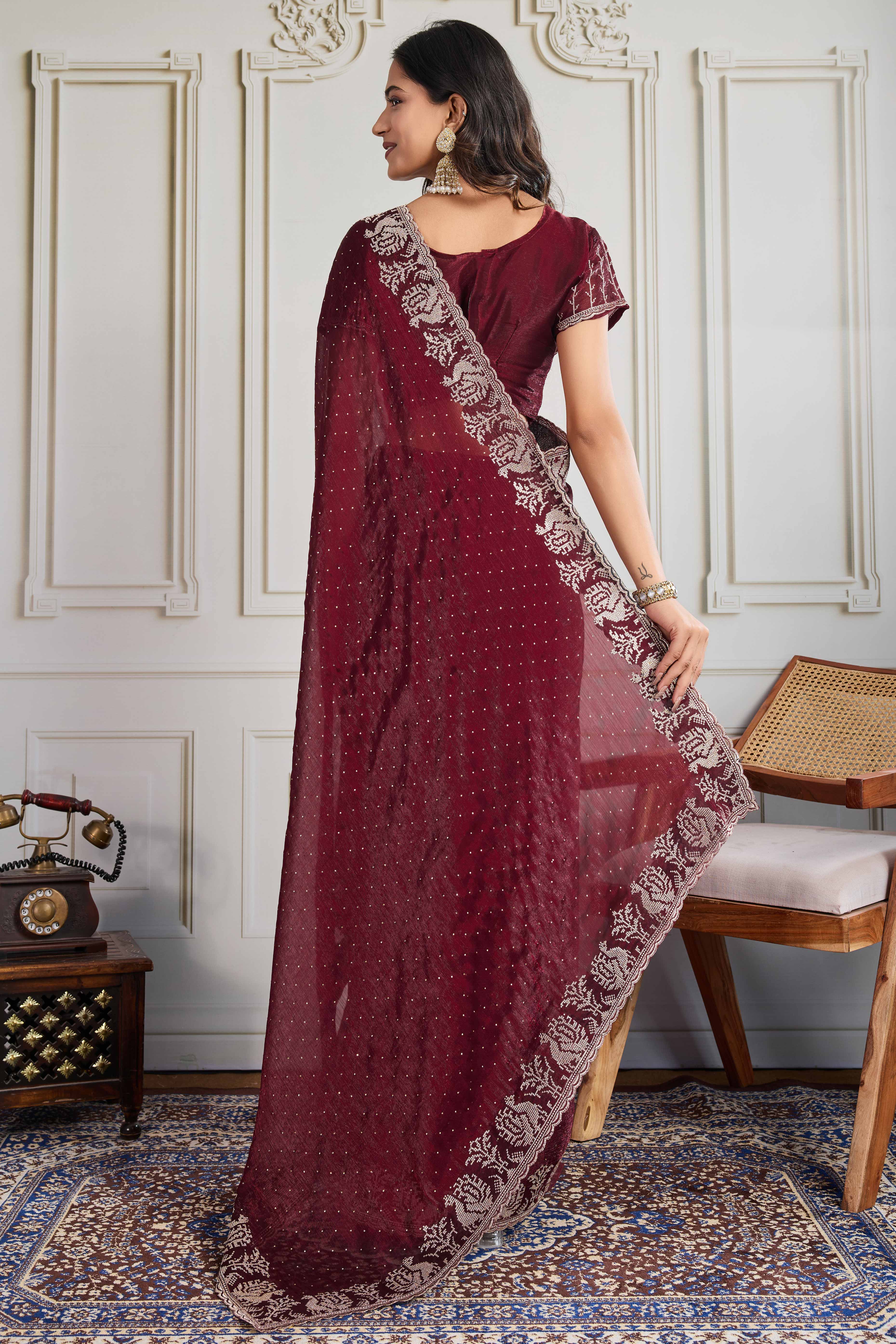 Maroon Festive Wear Silk Blend Saree with Embroidery & Stones