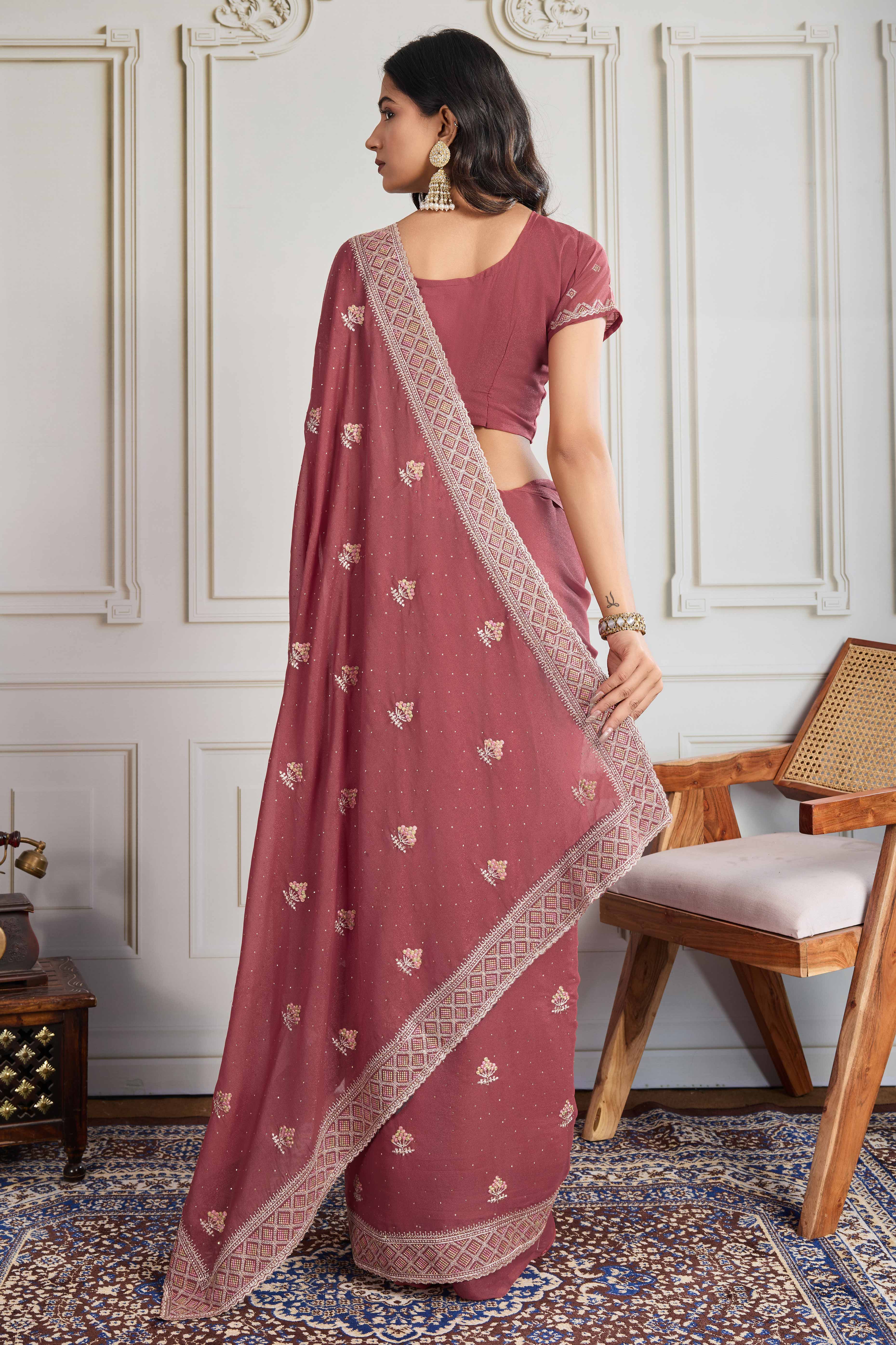 Mauve Georgette Saree Featuring Embroidered and Stone Work