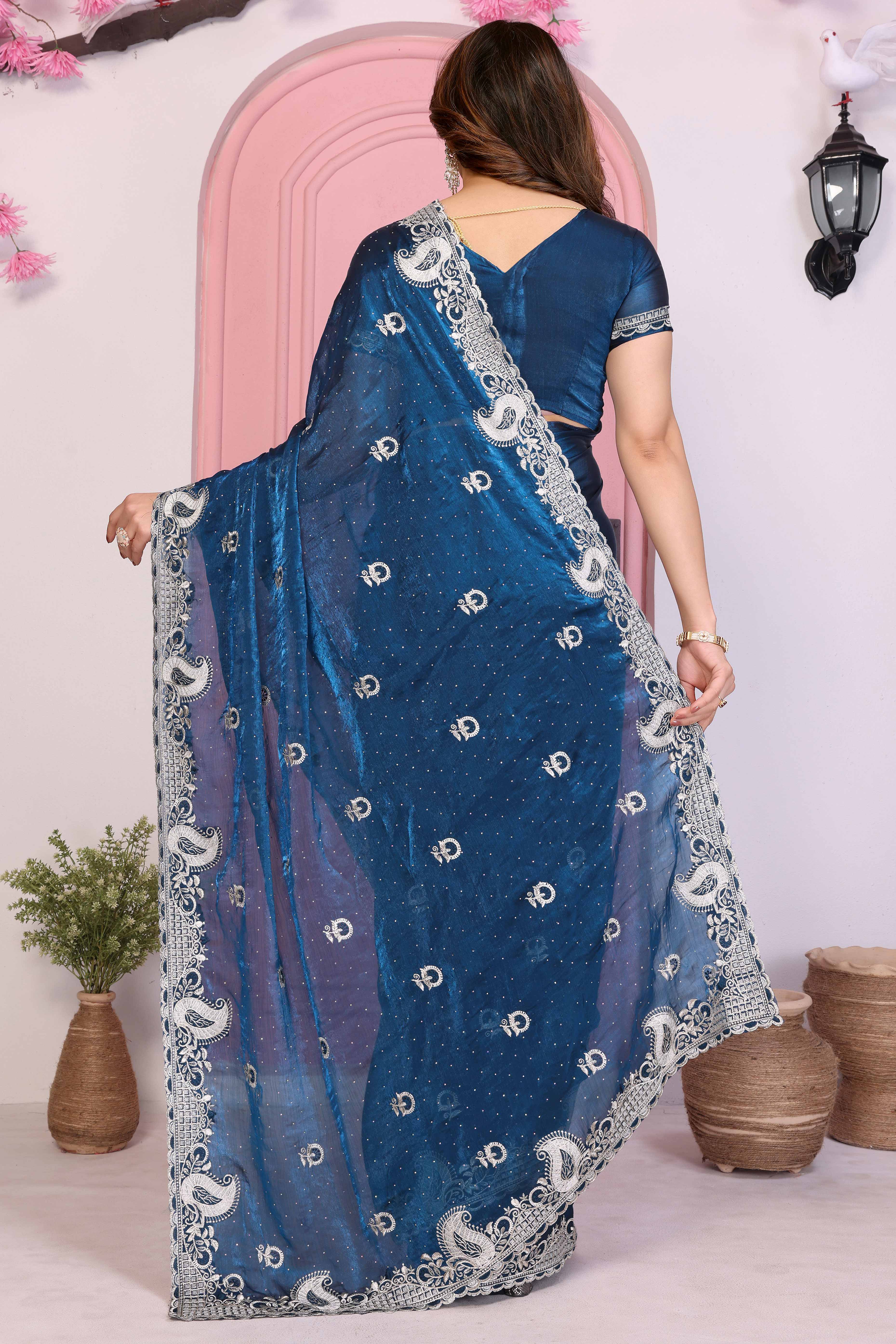 Blue Chiffon Saree Featuring Floral Thread Embroidery With Stone Embellishments