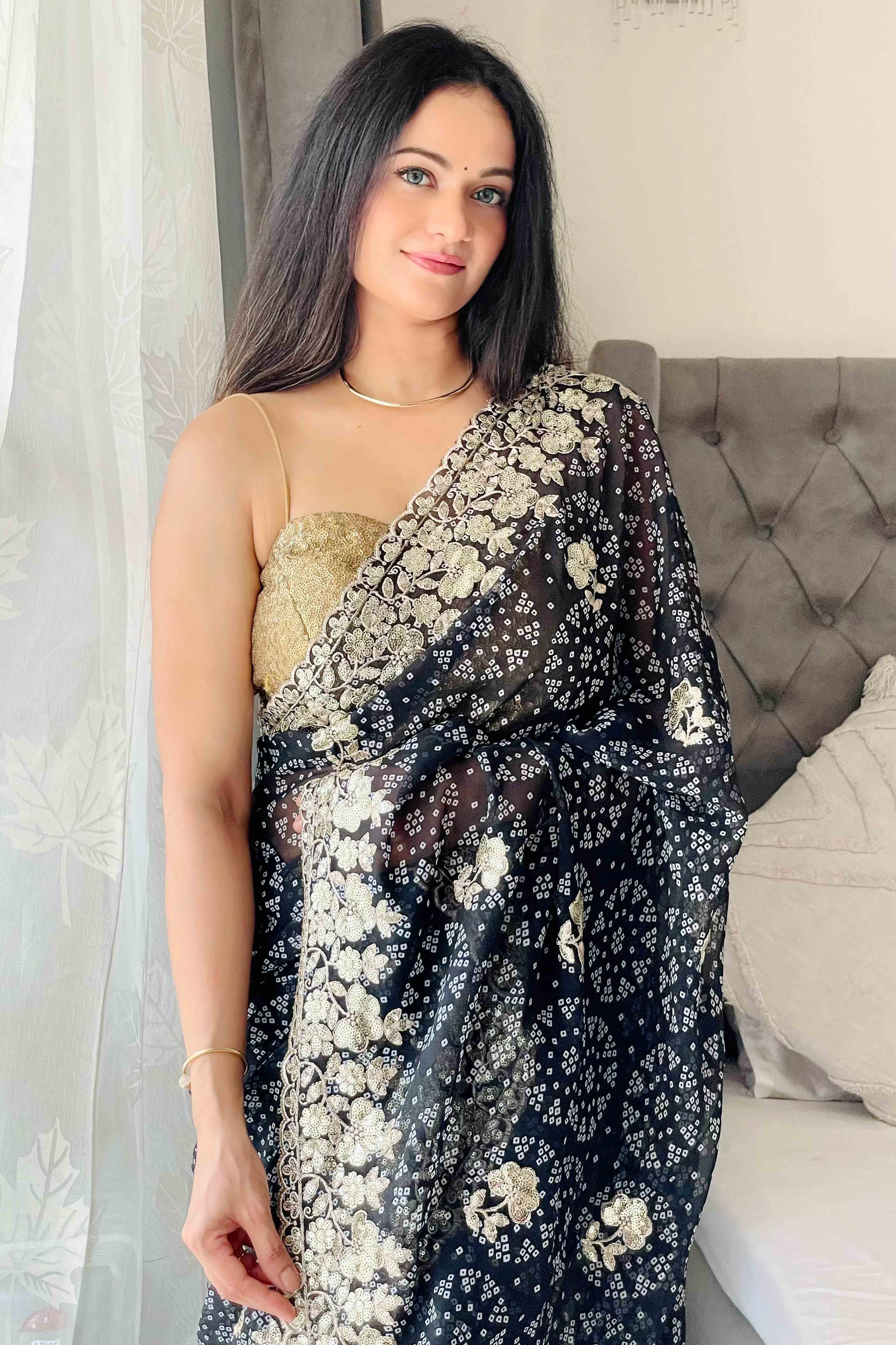 Dark Blue Bandhani Printed Georgette Saree With Dazzling Floral Sequin Embroidery