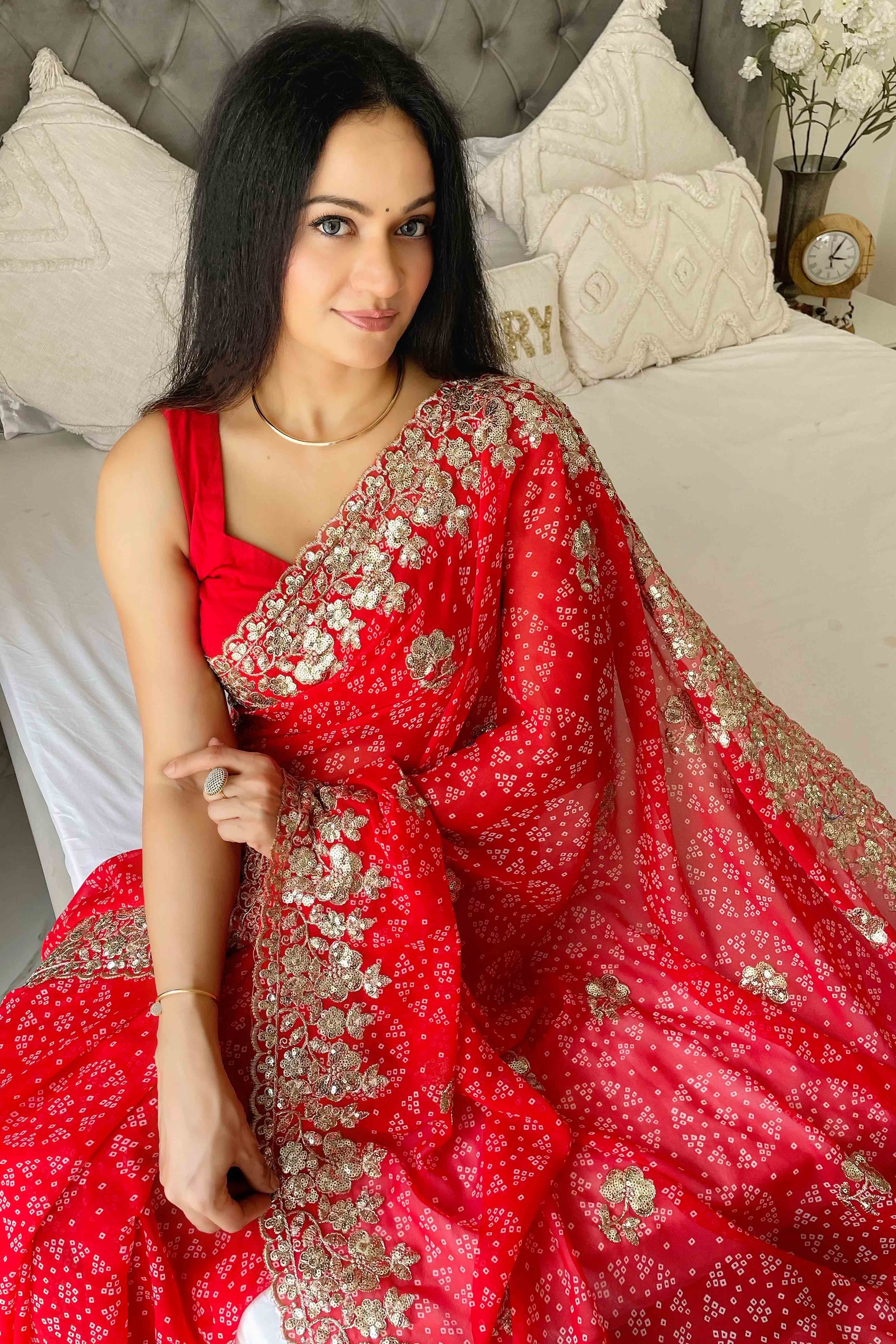 Red Bandhani Printed Georgette Saree With Dazzling Floral Sequin Embroidery