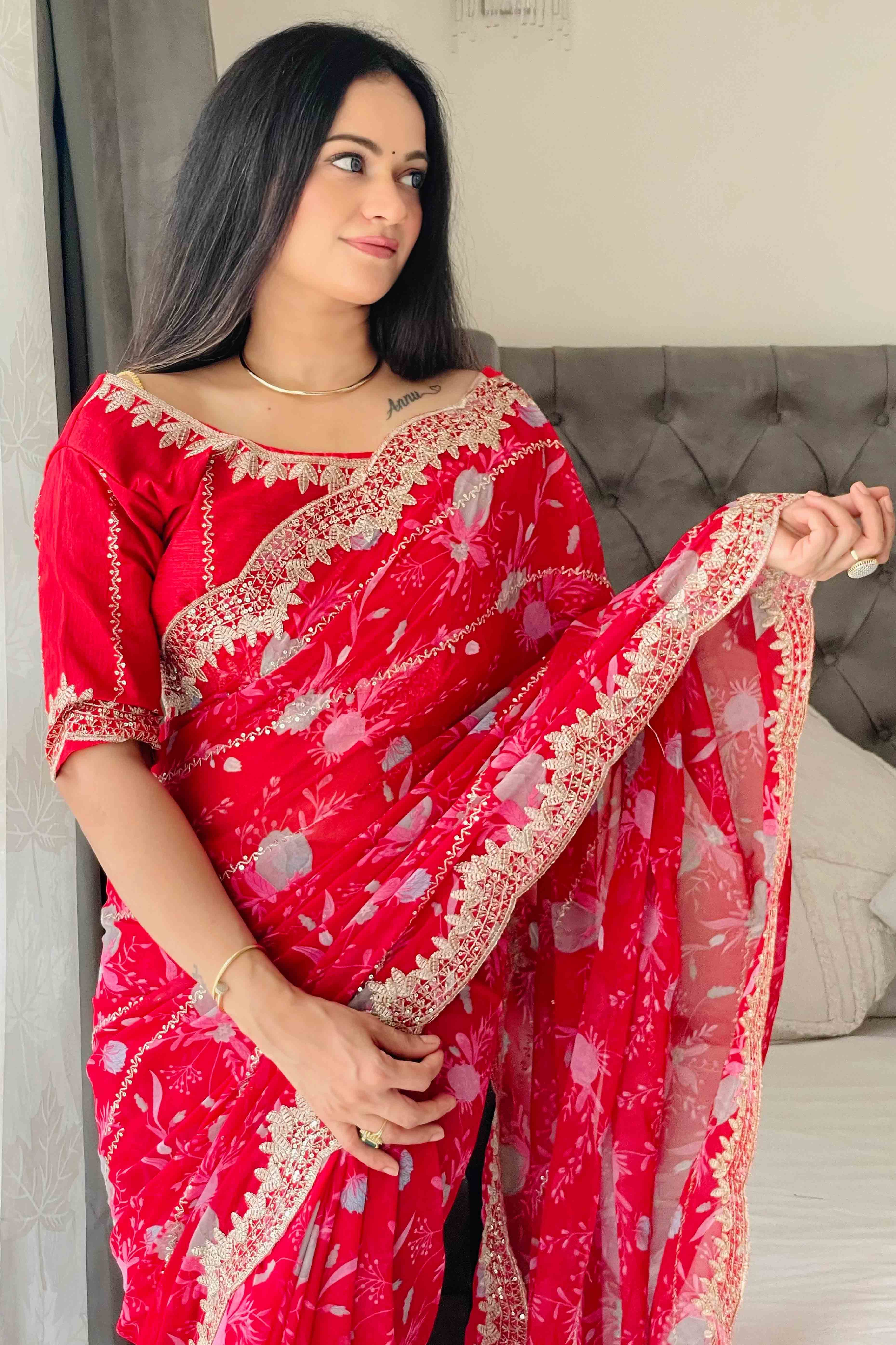 Rani Pink Floral Zari Embroidered Georgette Saree With Sparkling Sequin Embellishments