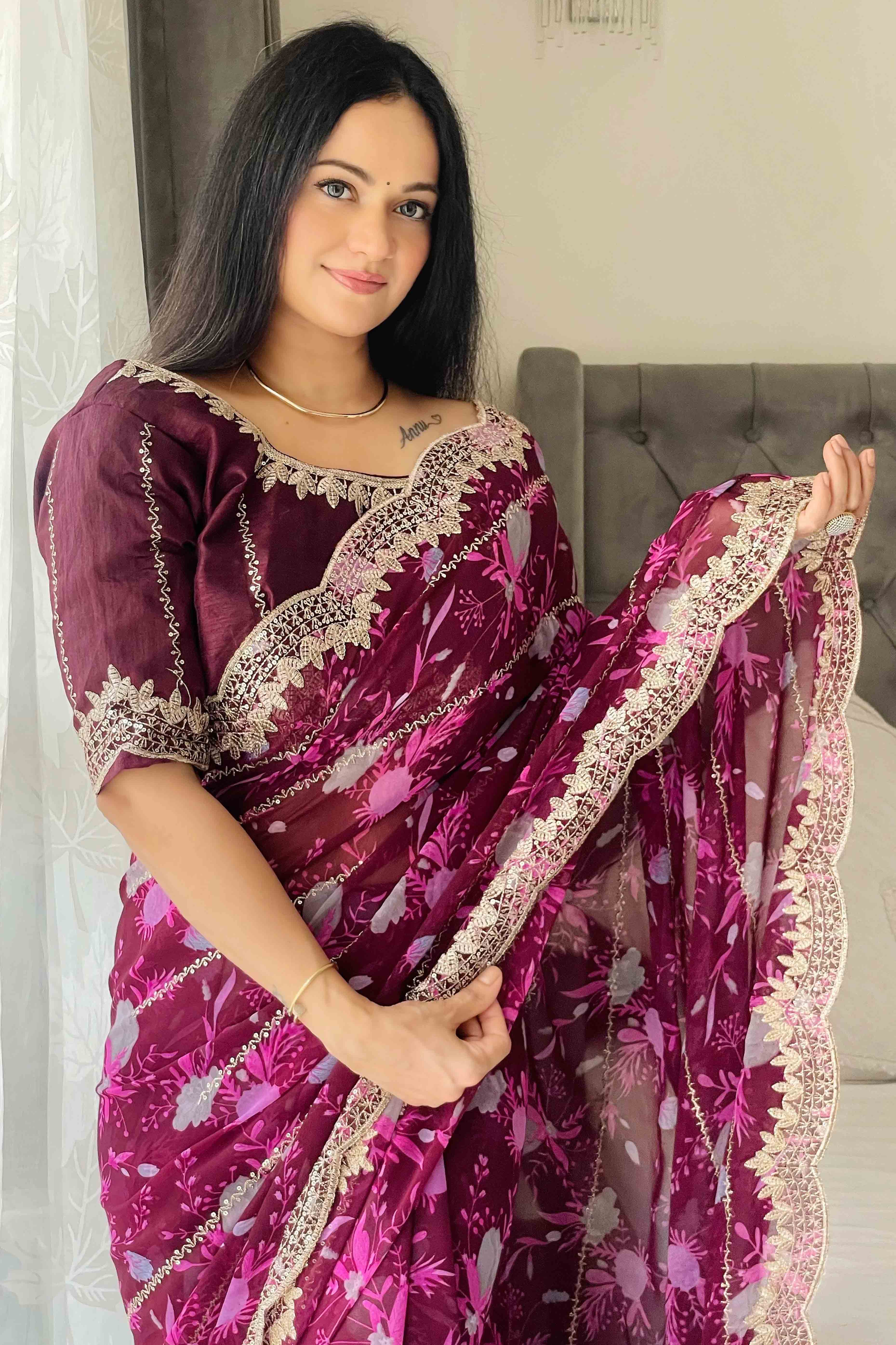 Wine Floral Zari Embroidered Georgette Saree With Sparkling Sequin Embellishments