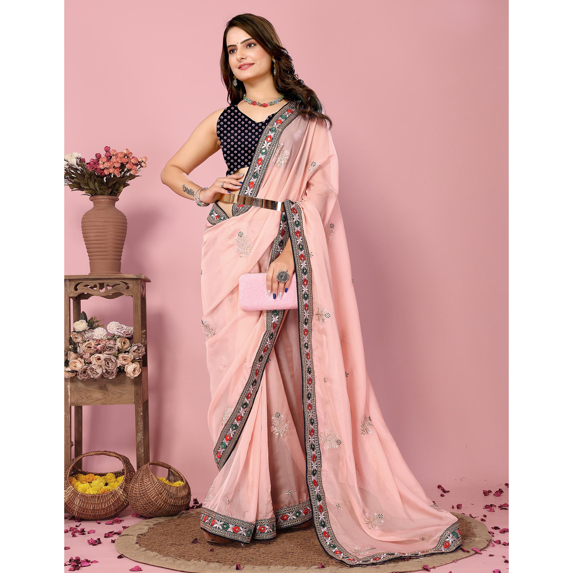 Peach Floral Sequins Embroidered Organza Saree