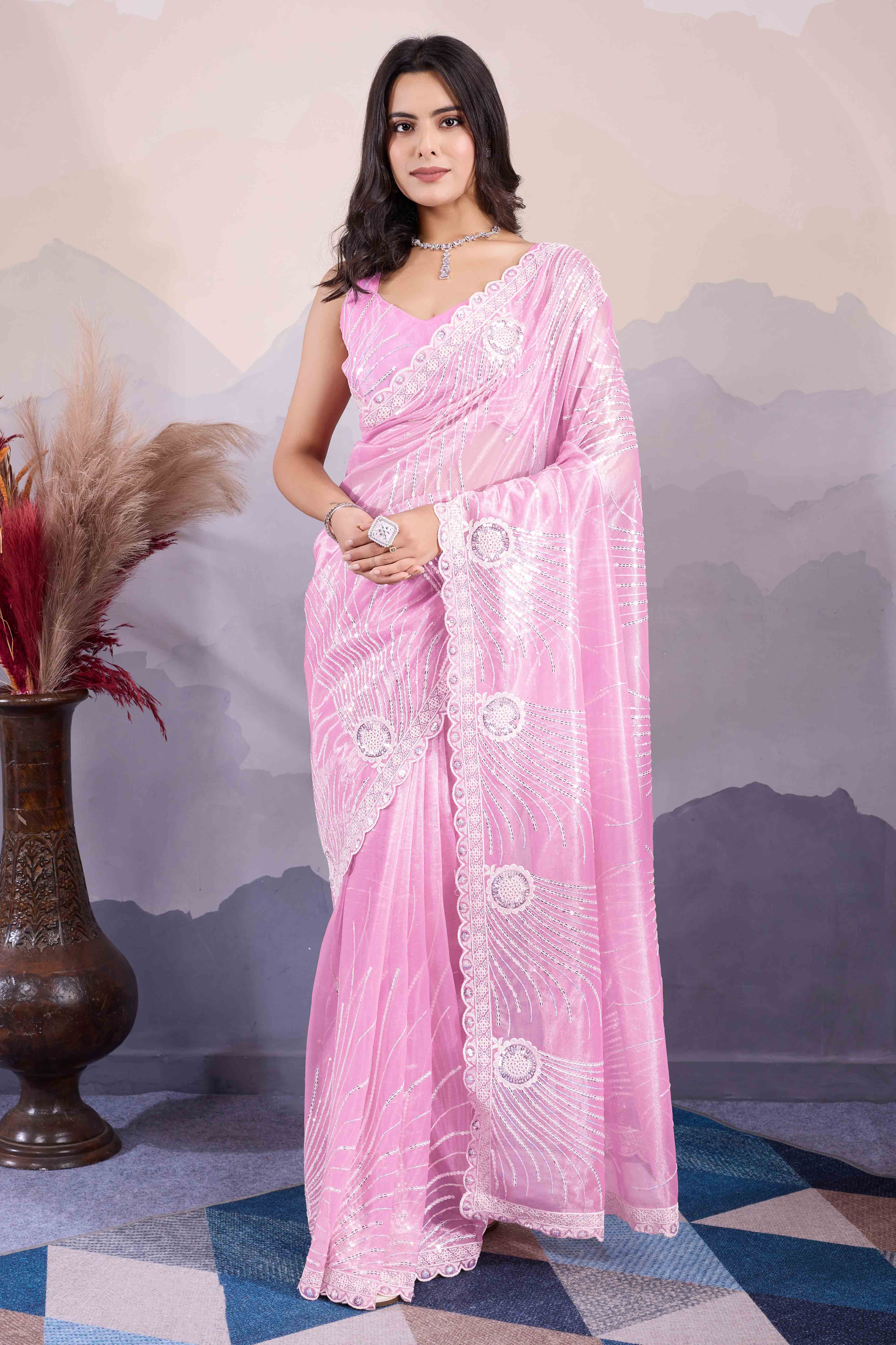 Pink Sequins Embroidered Twill Net Saree