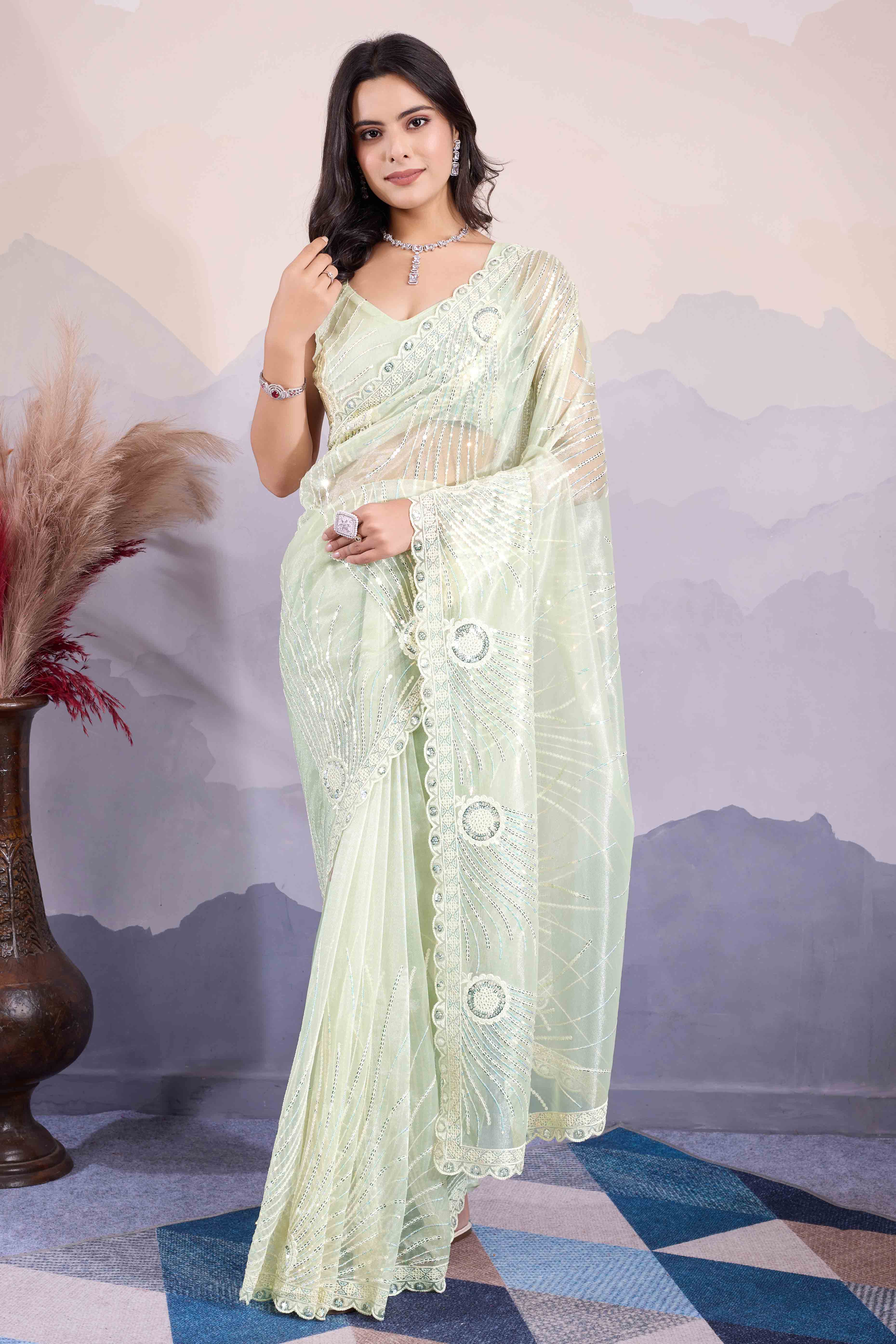 Green Sequins Embroidered Twill Net Saree