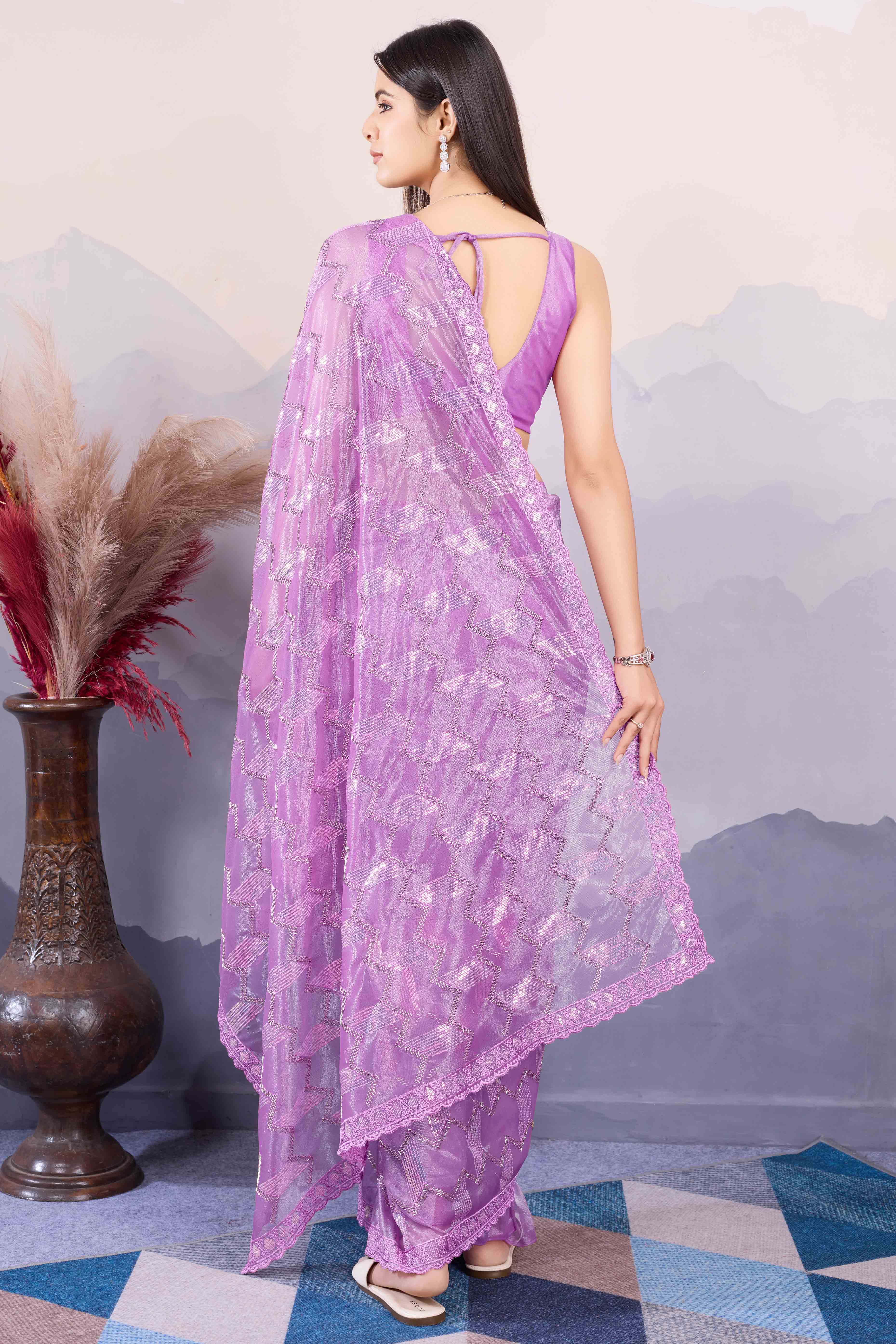 Purple Sequins Embroidered Twill Net Saree