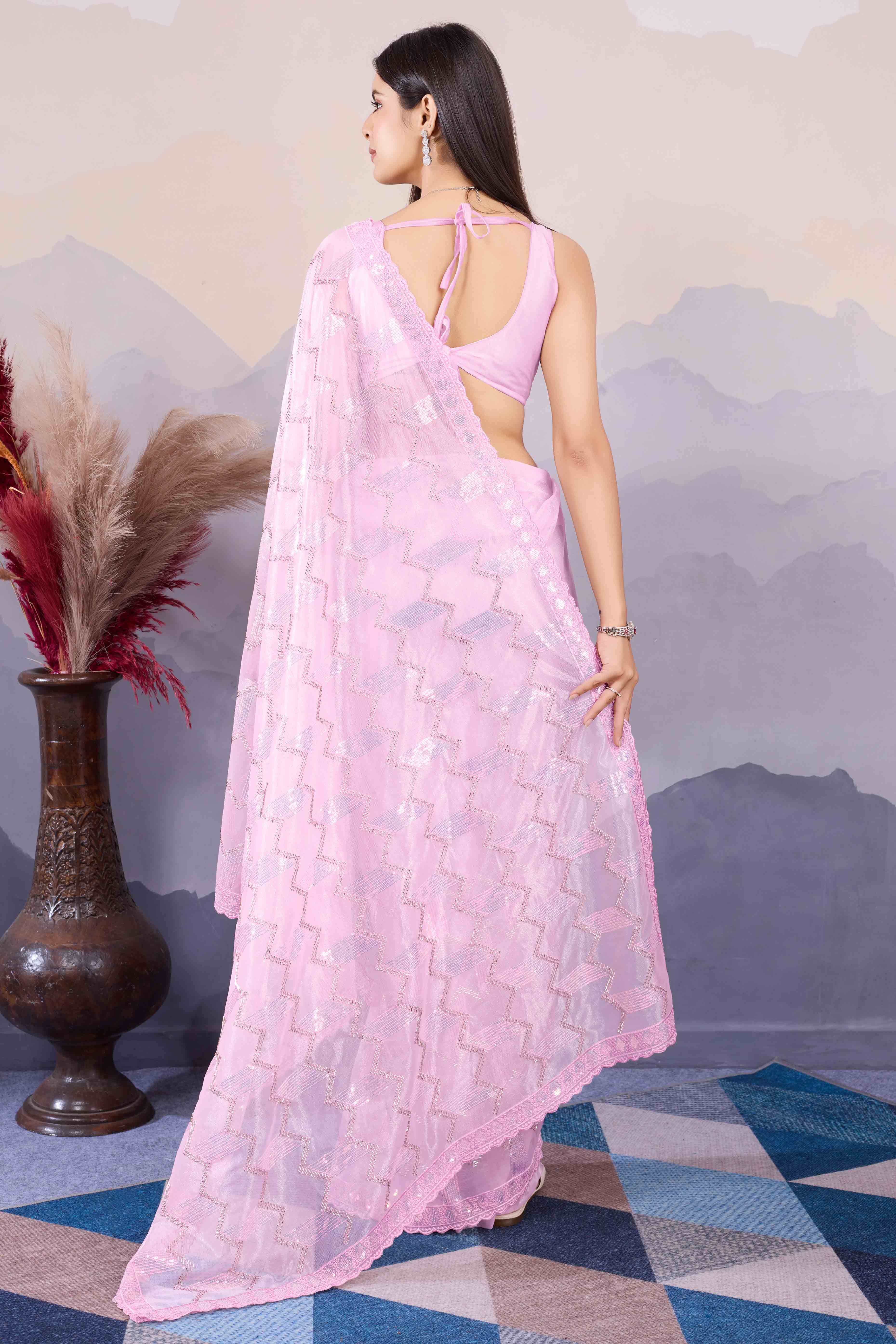 Baby Pink Sequins Embroidered Twill Net Saree