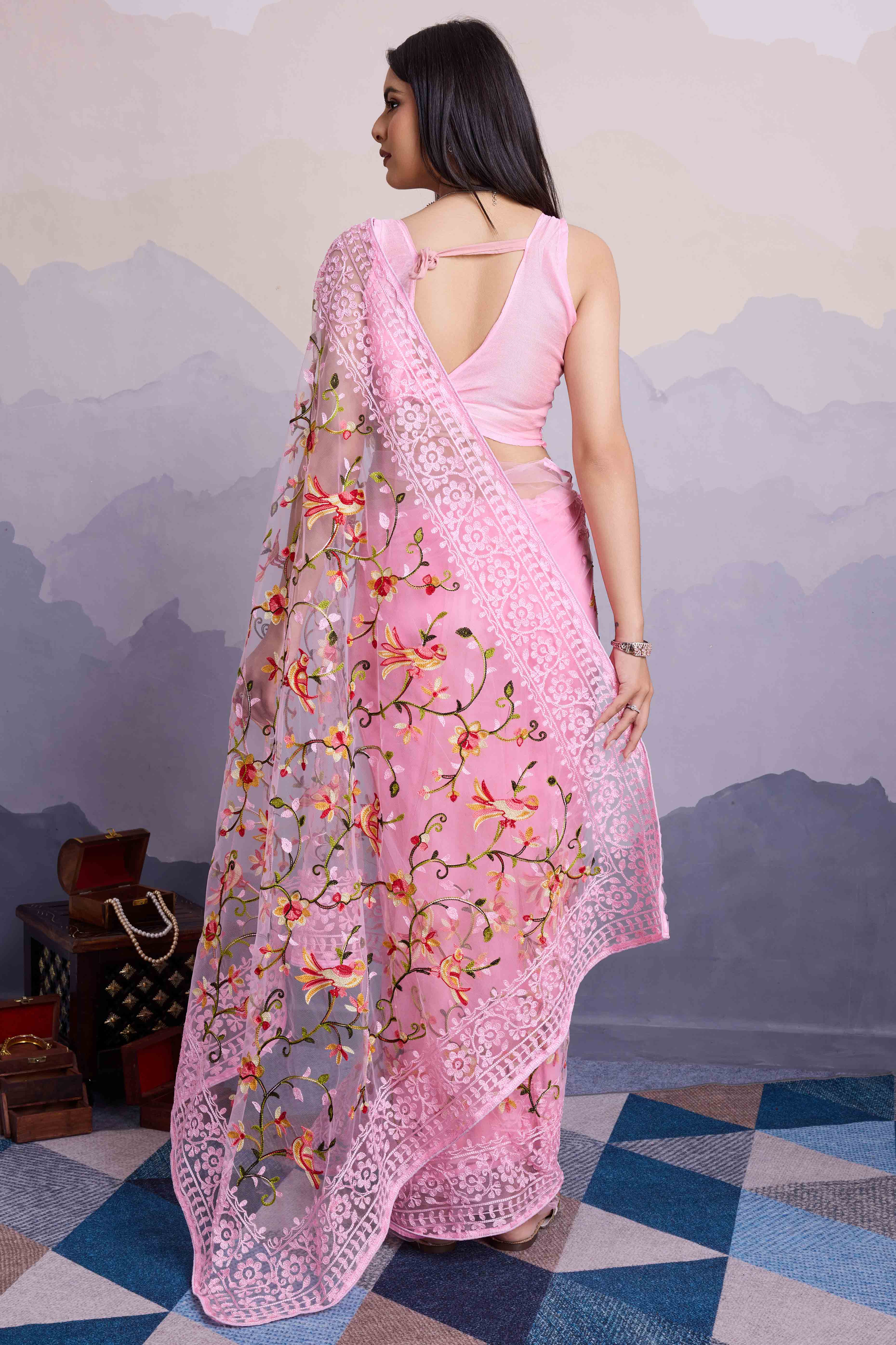 Pink Floral Embroidered Net Saree