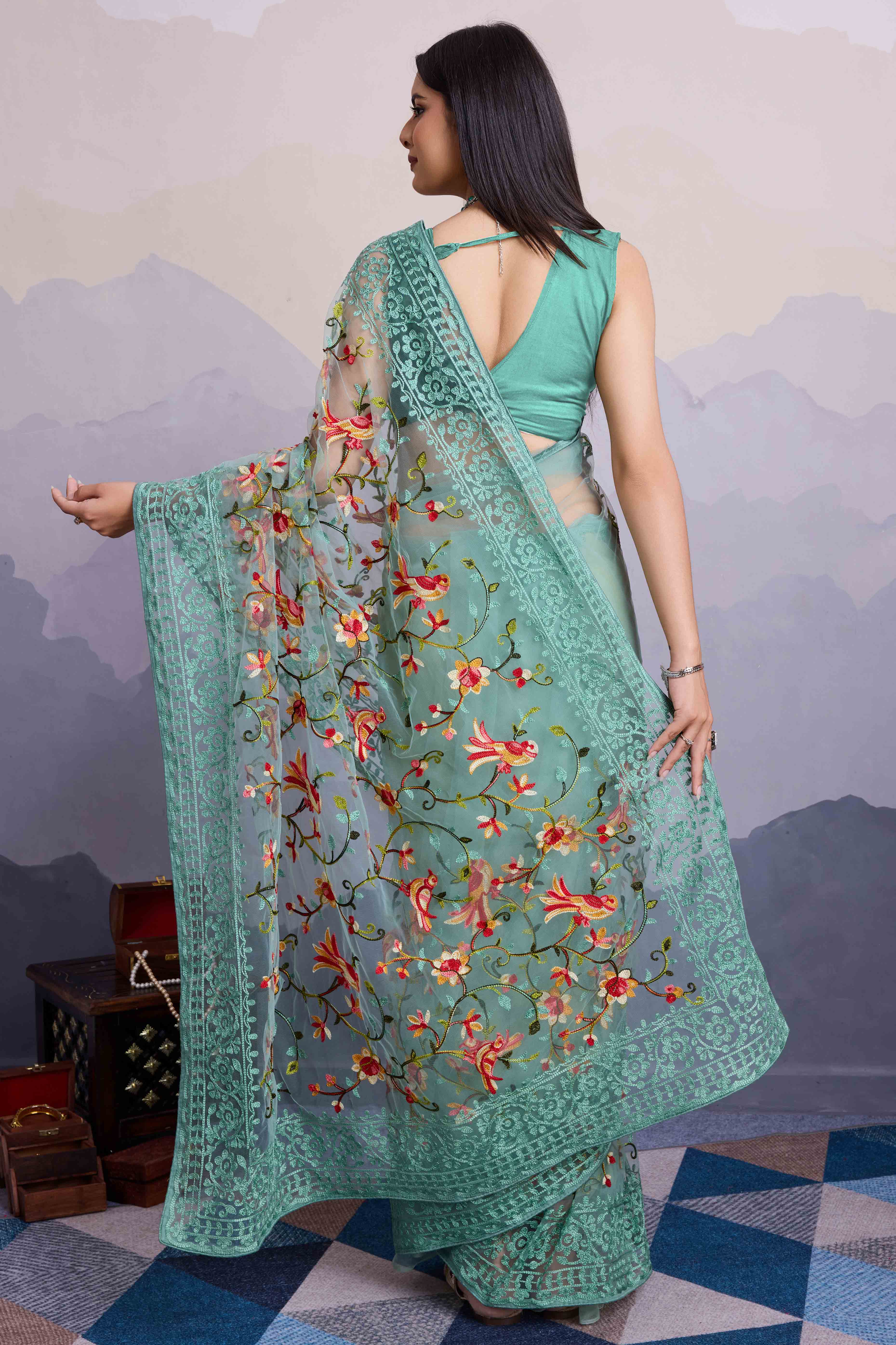 Sea Green Floral Embroidered Net Saree