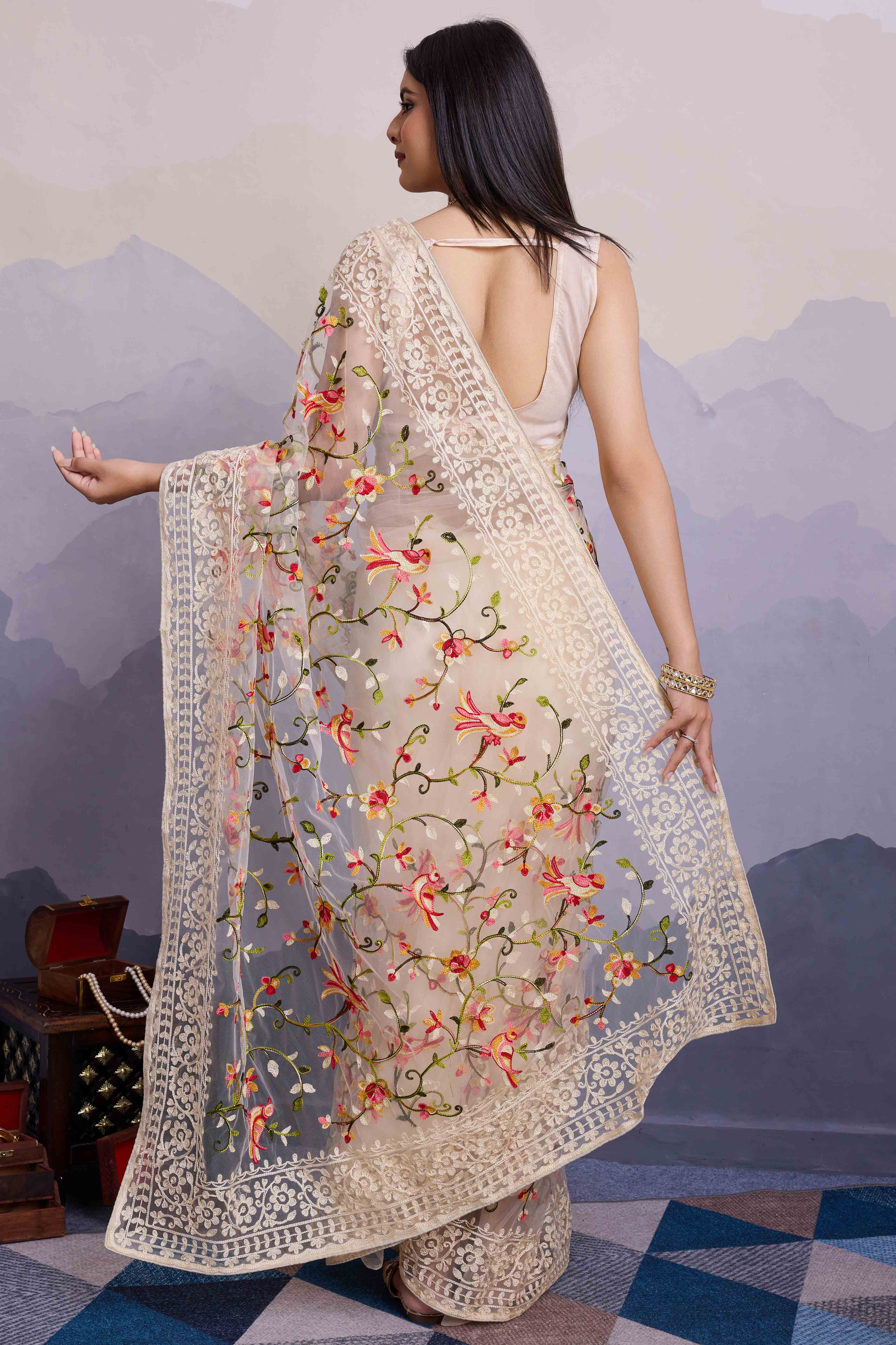 Off White Floral Embroidered Net Saree