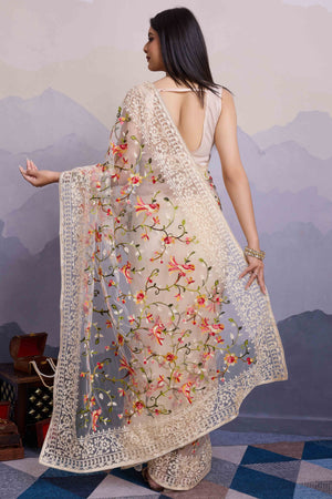 Off White Floral Embroidered Net Saree
